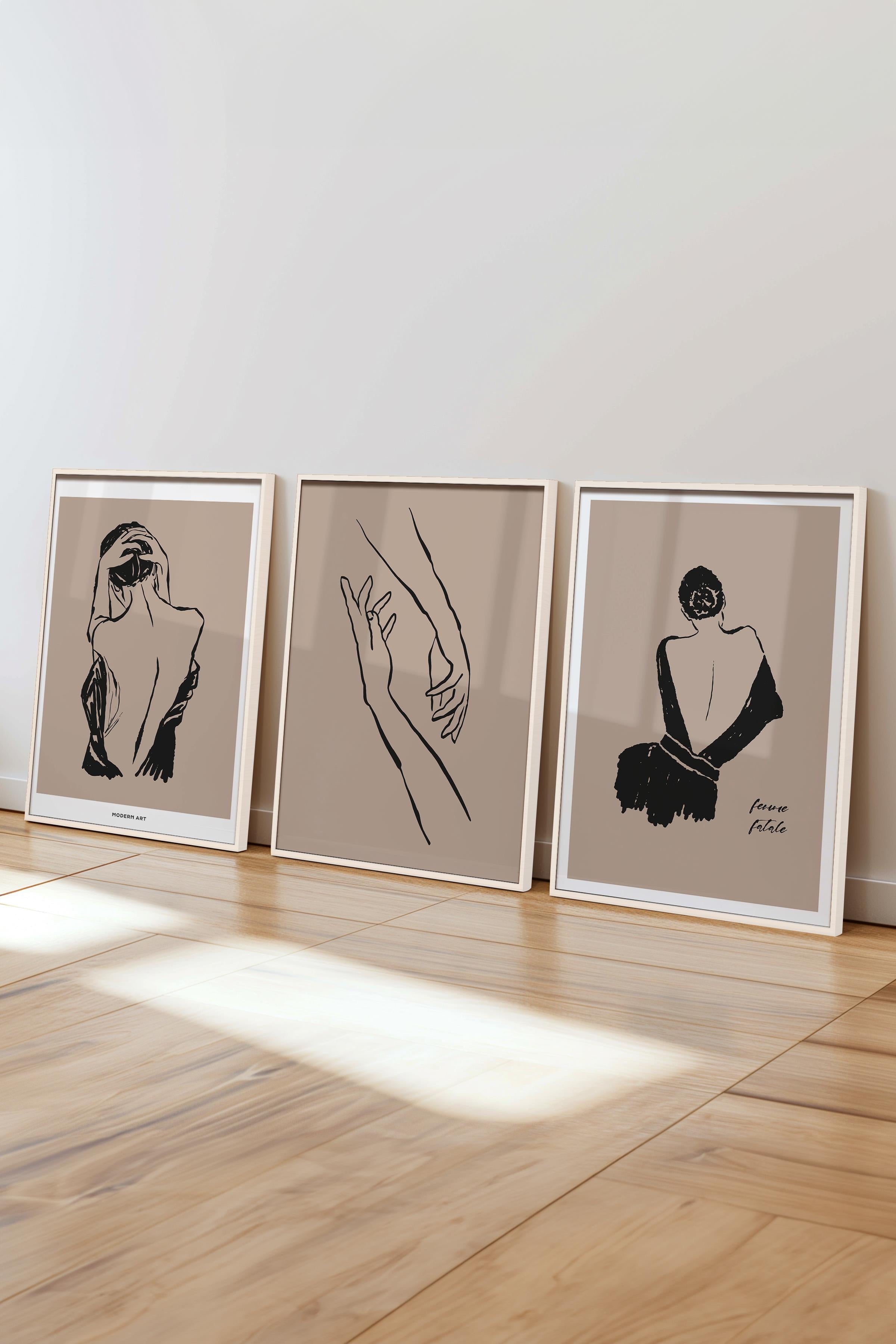 Çerçeveli Tablo Seti, 3 Adet Beyaz Çerçeve ve Minimalist Çizim Temalı Poster Seti, No:300606