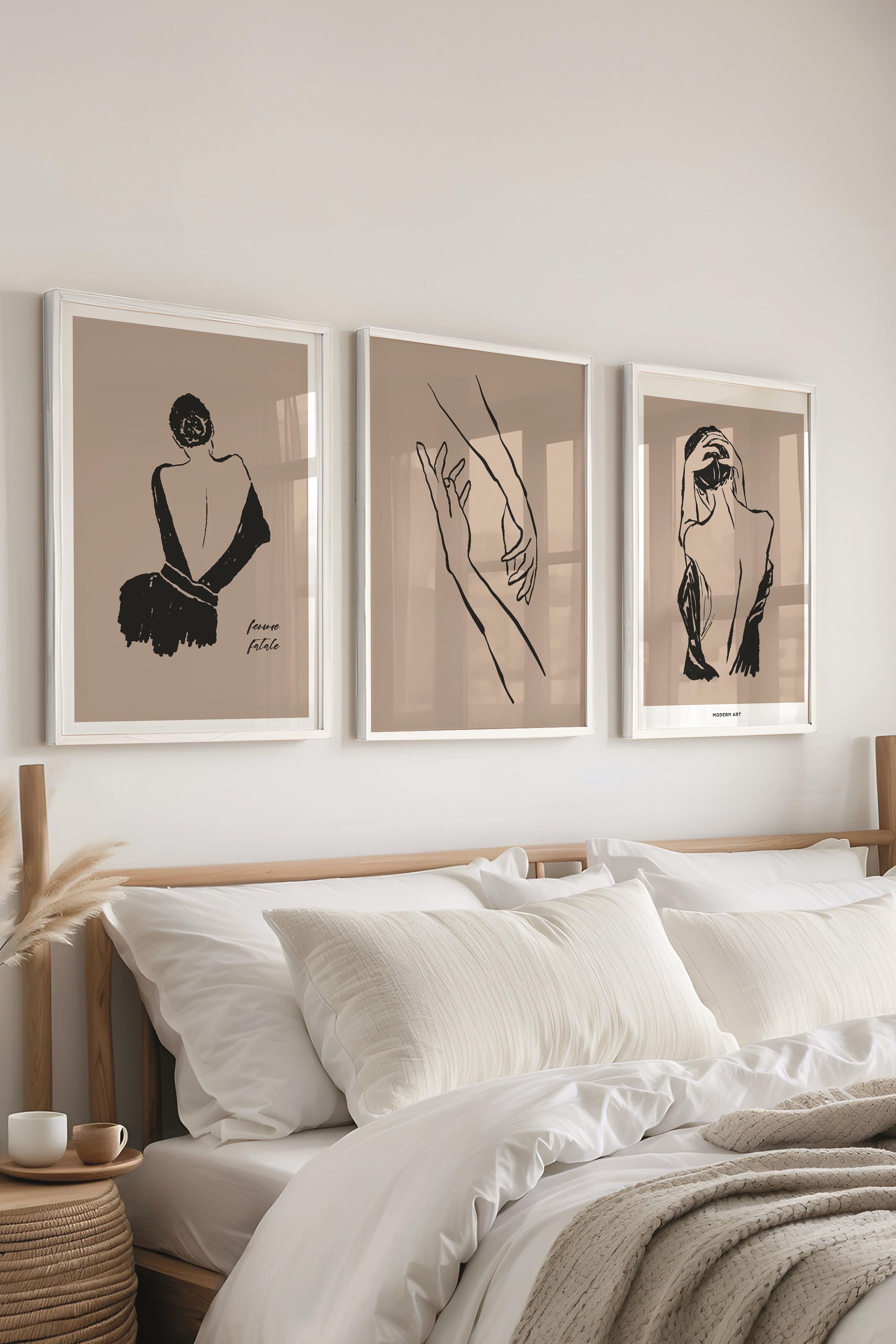Çerçeveli Tablo Seti, 3 Adet Beyaz Çerçeve ve Minimalist Çizim Temalı Poster Seti, No:300606