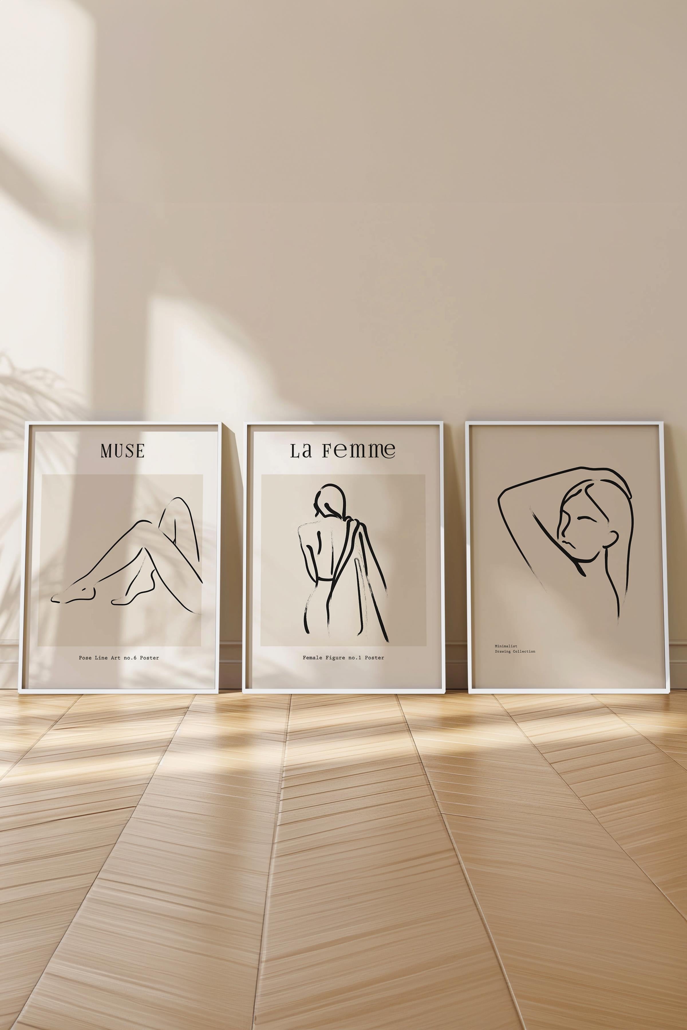 Çerçeveli Tablo Seti, 3 Adet Beyaz Çerçeve ve Minimalist Çizim Temalı Poster Seti, No:300608
