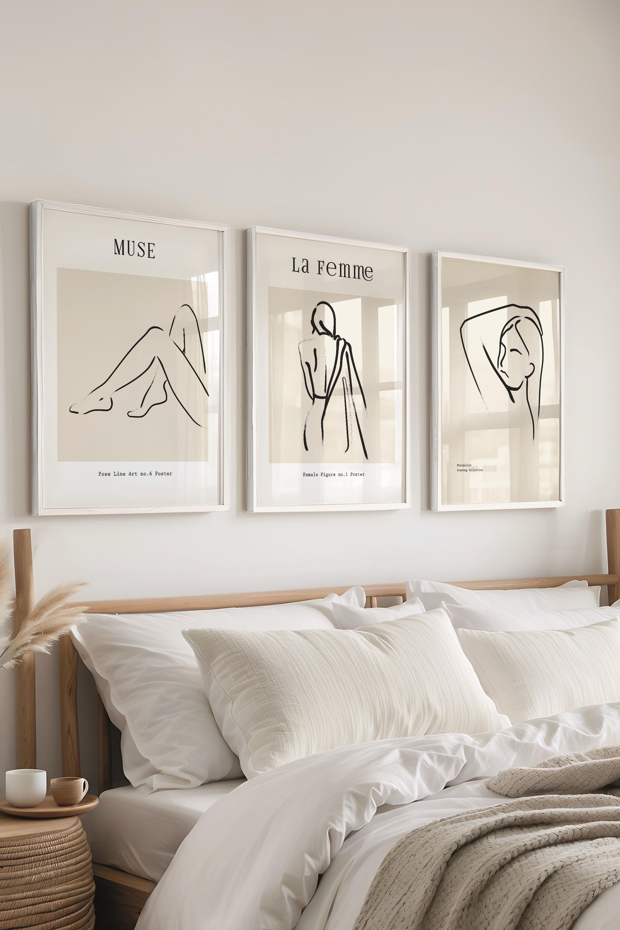Çerçeveli Tablo Seti, 3 Adet Beyaz Çerçeve ve Minimalist Çizim Temalı Poster Seti, No:300608
