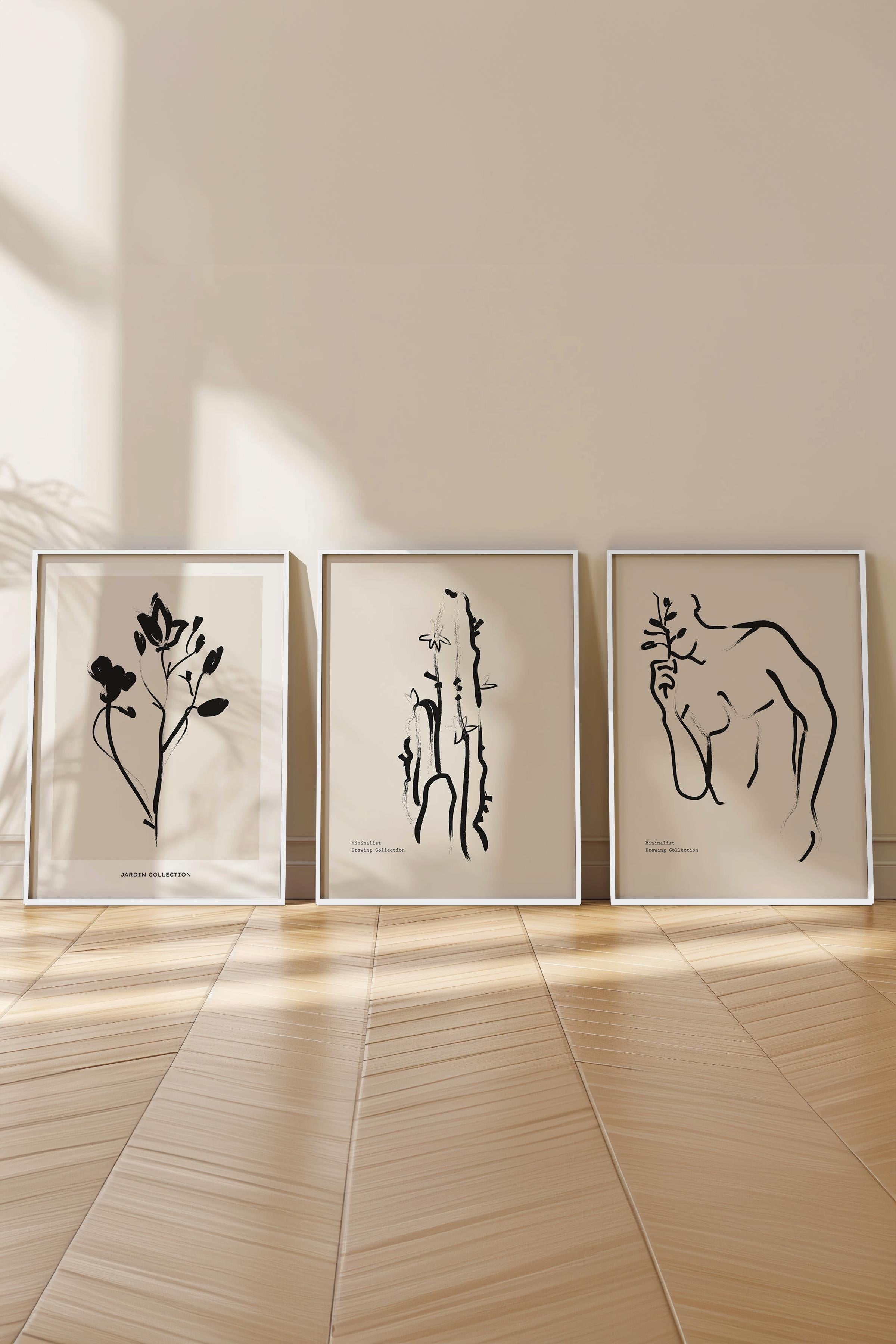 Çerçeveli Tablo Seti, 3 Adet Beyaz Çerçeve ve Minimalist Çizim Temalı Poster Seti, No:300609
