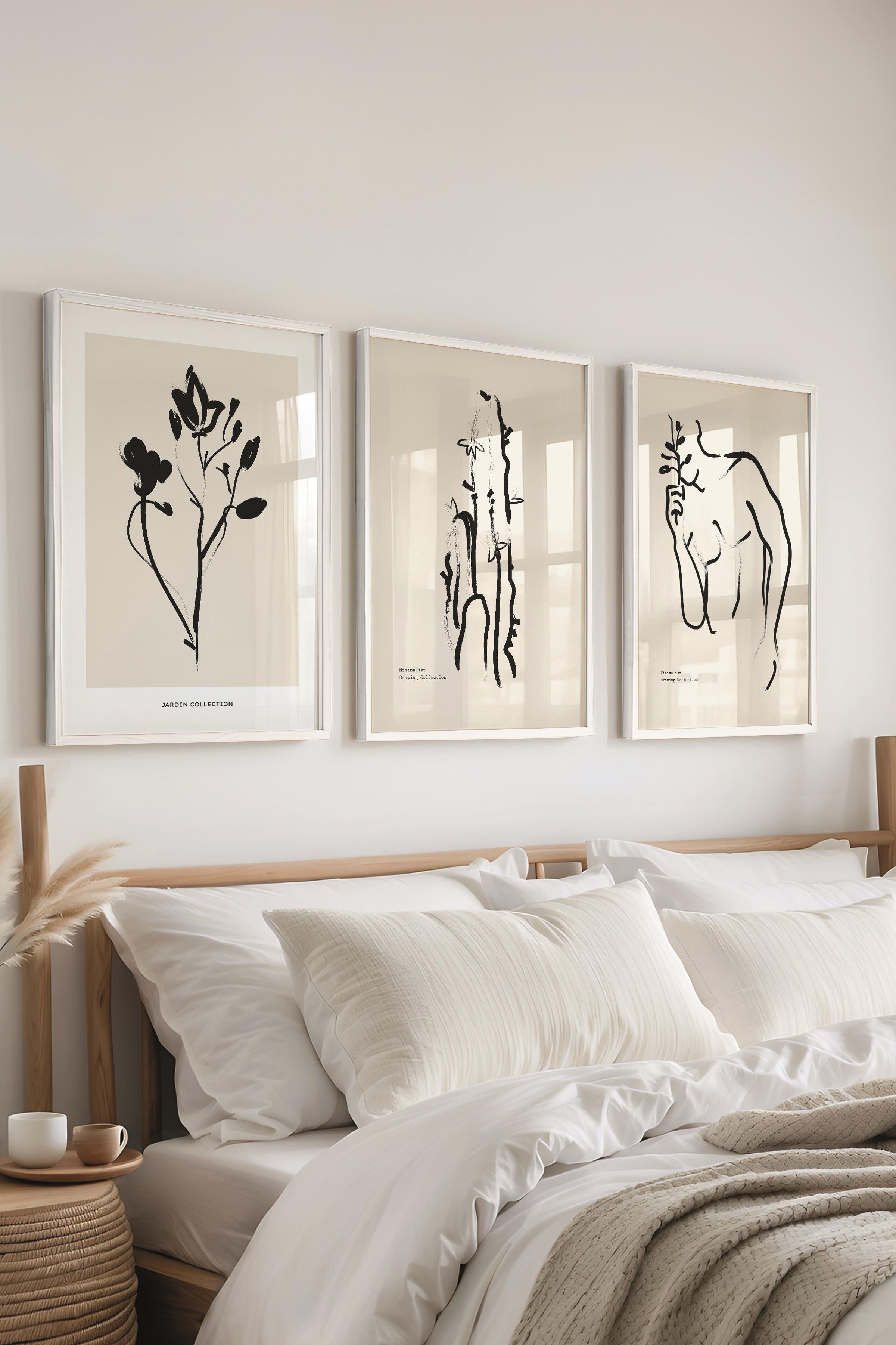 Çerçeveli Tablo Seti, 3 Adet Beyaz Çerçeve ve Minimalist Çizim Temalı Poster Seti, No:300609
