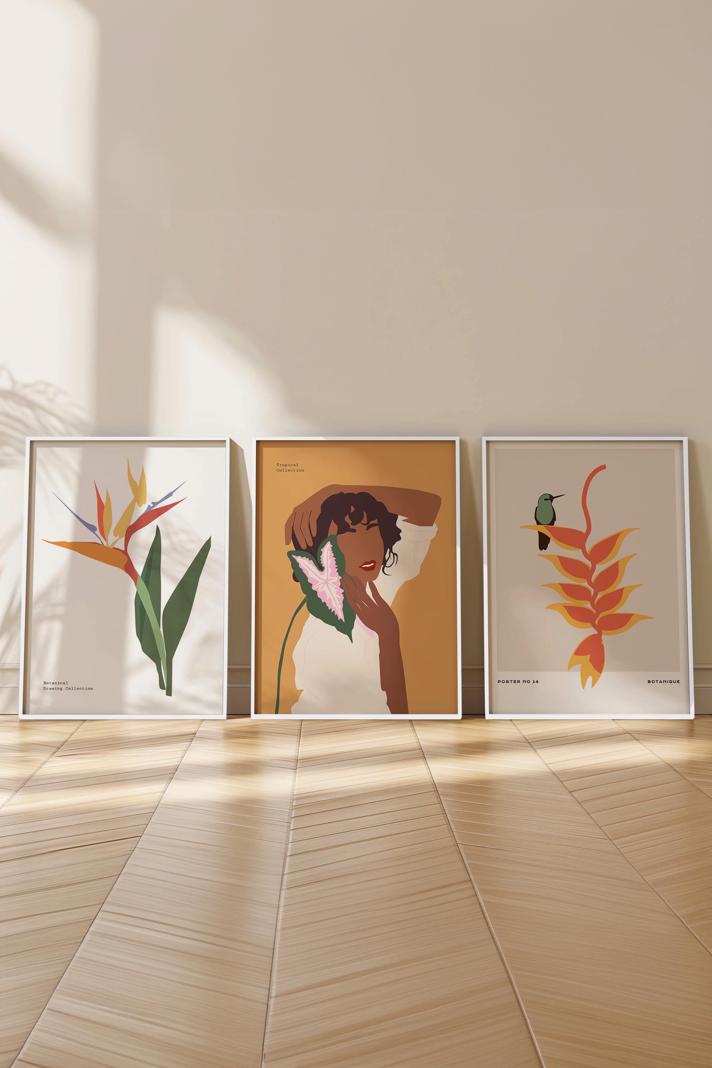 Çerçeveli Tablo Seti, 3 Adet Beyaz Çerçeve ve Minimalist Çizim Temalı Poster Seti, No:300611
