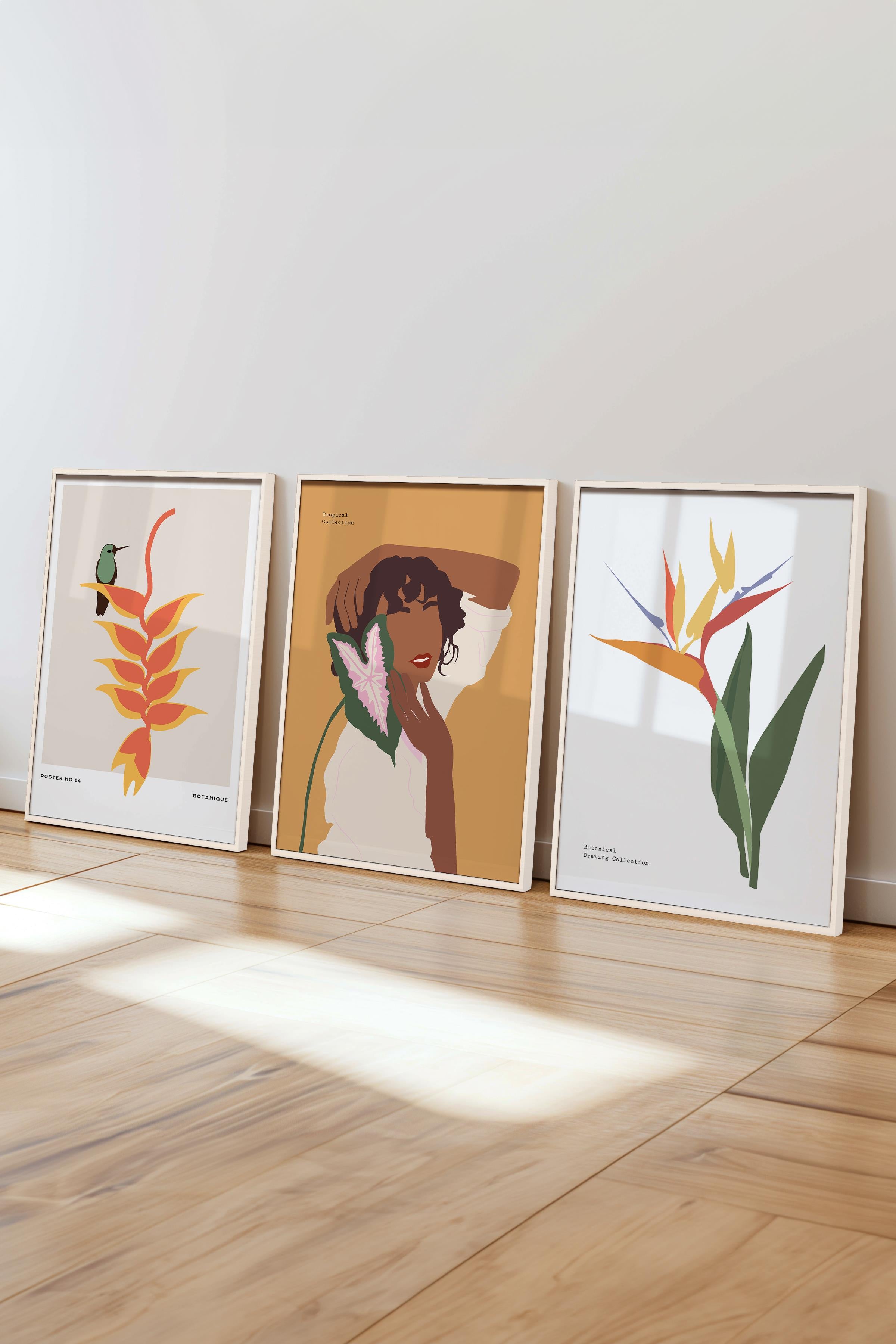 Çerçeveli Tablo Seti, 3 Adet Beyaz Çerçeve ve Minimalist Çizim Temalı Poster Seti, No:300611