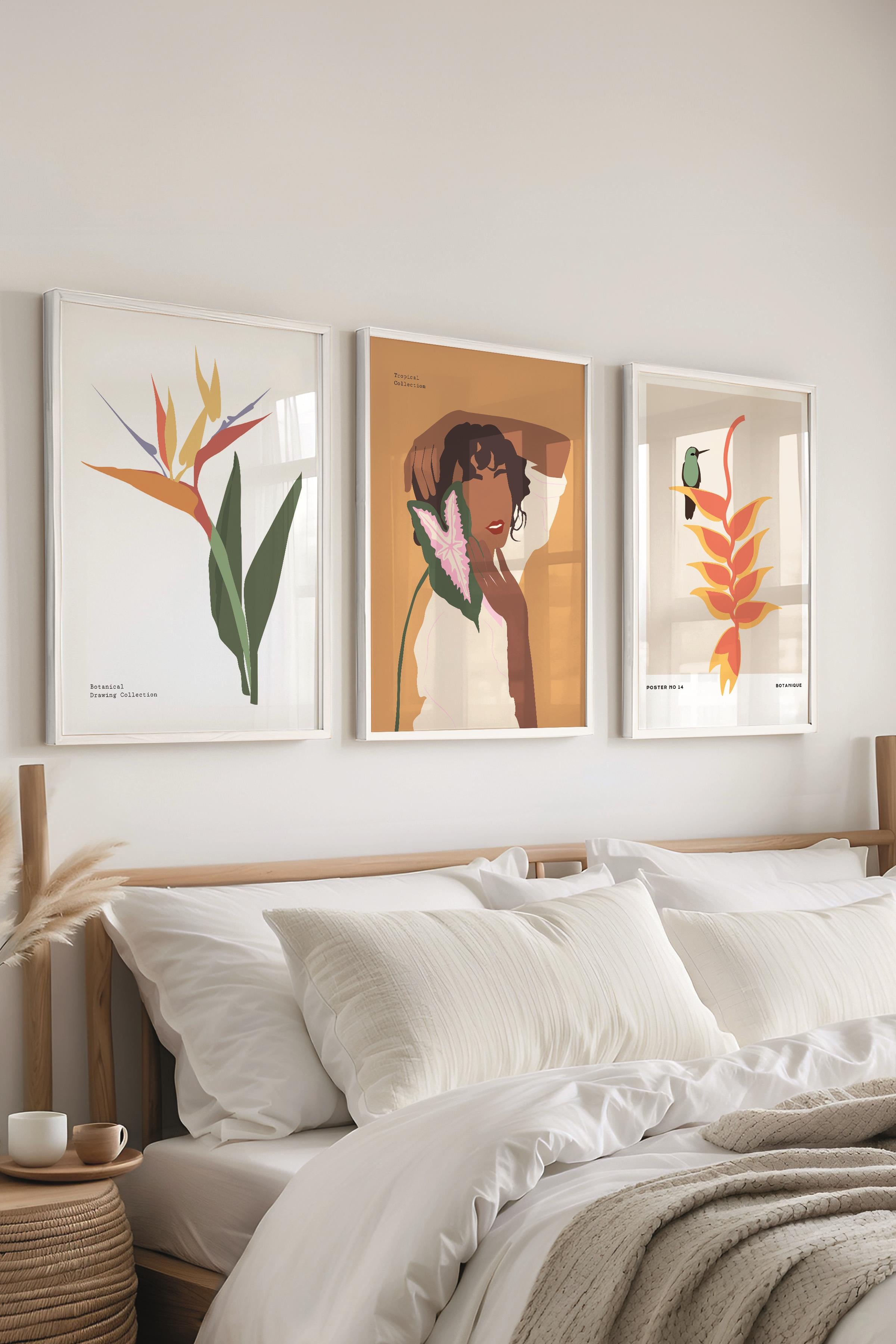 Çerçeveli Tablo Seti, 3 Adet Beyaz Çerçeve ve Minimalist Çizim Temalı Poster Seti, No:300611