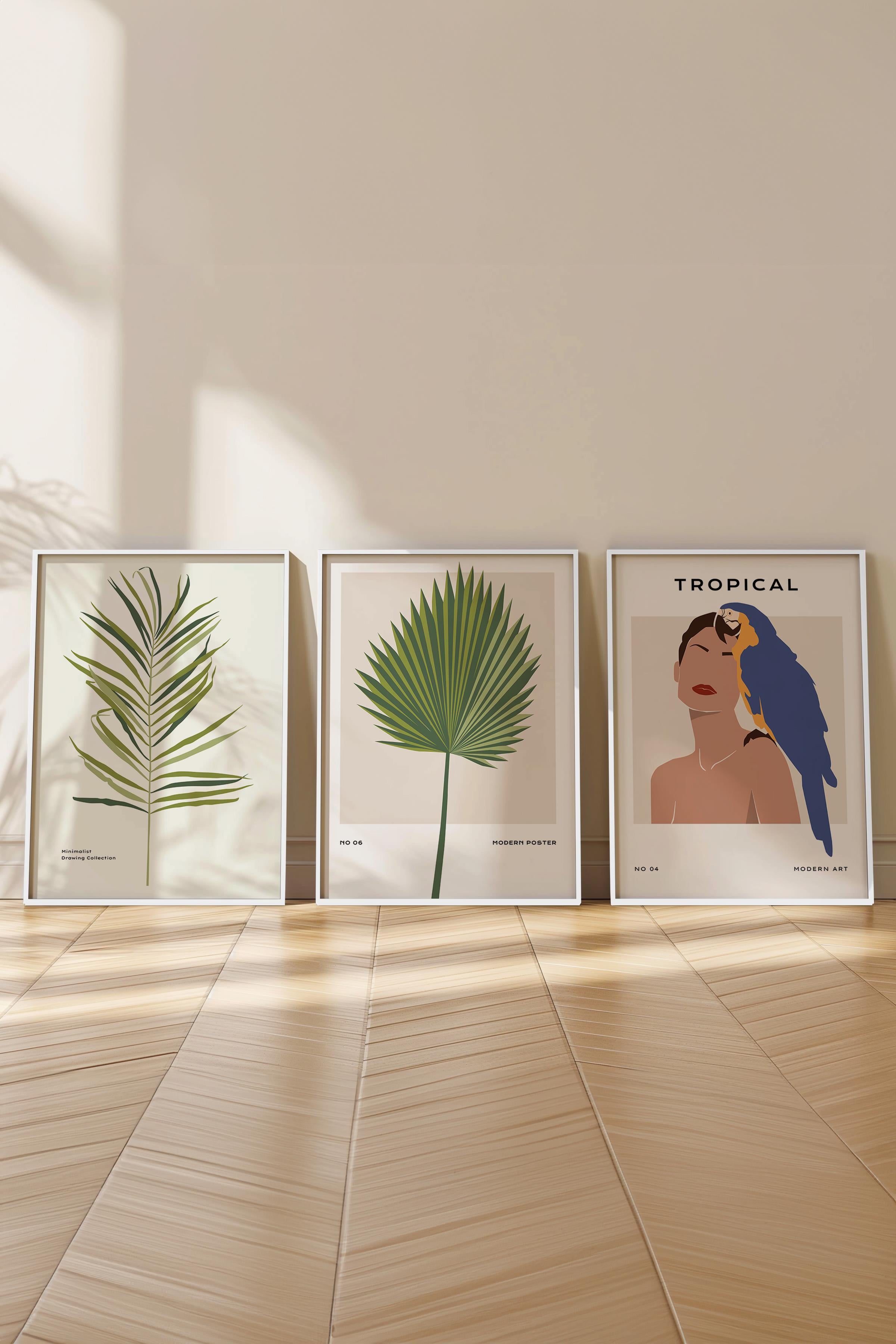 Çerçeveli Tablo Seti, 3 Adet Beyaz Çerçeve ve Minimalist Çizim Temalı Poster Seti, No:300612