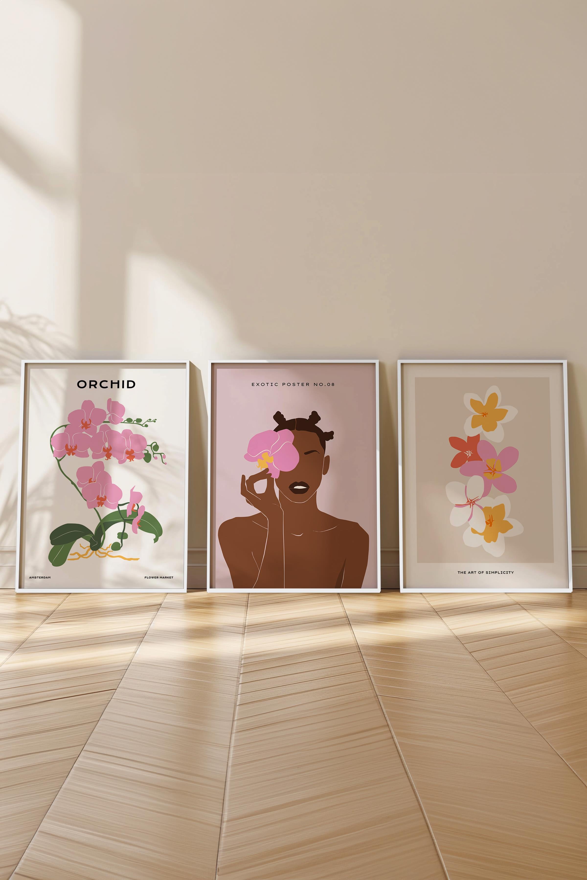 Çerçeveli Tablo Seti, 3 Adet Beyaz Çerçeve ve Minimalist Çizim Temalı Poster Seti, No:300613