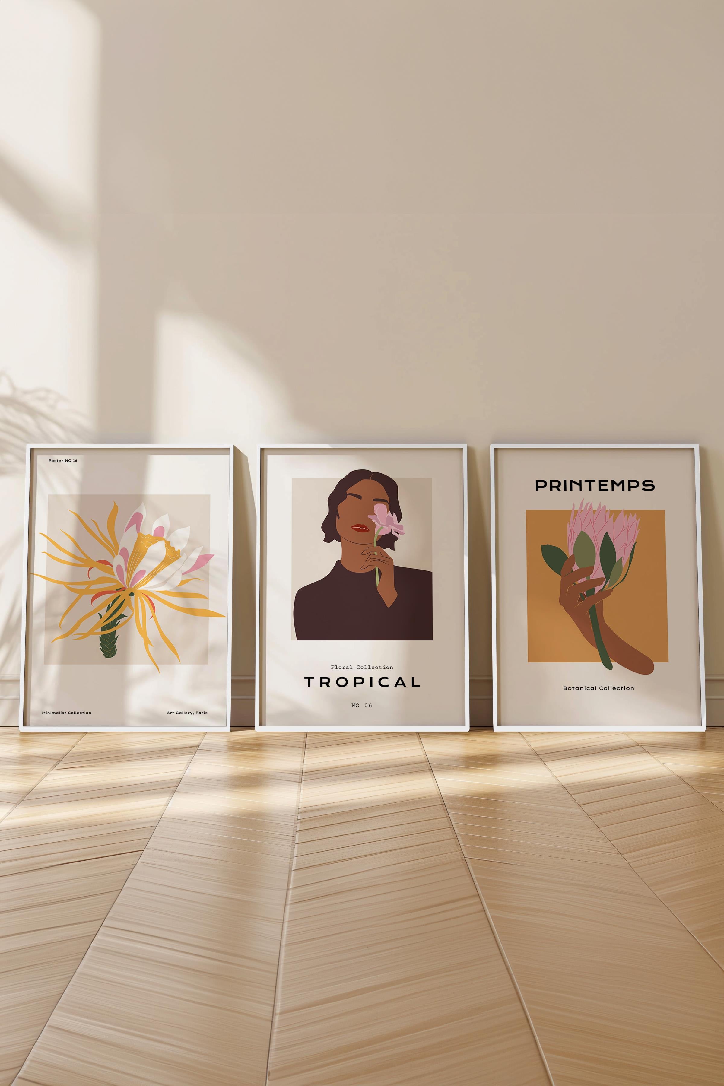 Çerçeveli Tablo Seti, 3 Adet Beyaz Çerçeve ve Minimalist Çizim Temalı Poster Seti, No:300614