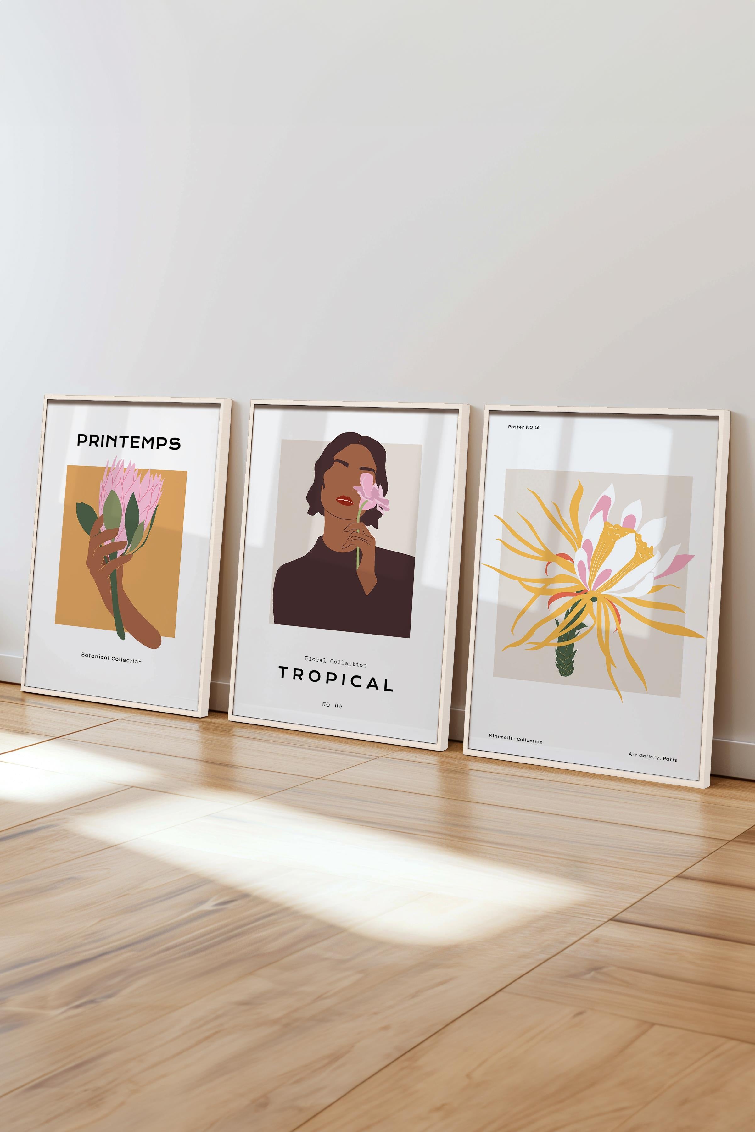 Çerçeveli Tablo Seti, 3 Adet Beyaz Çerçeve ve Minimalist Çizim Temalı Poster Seti, No:300614