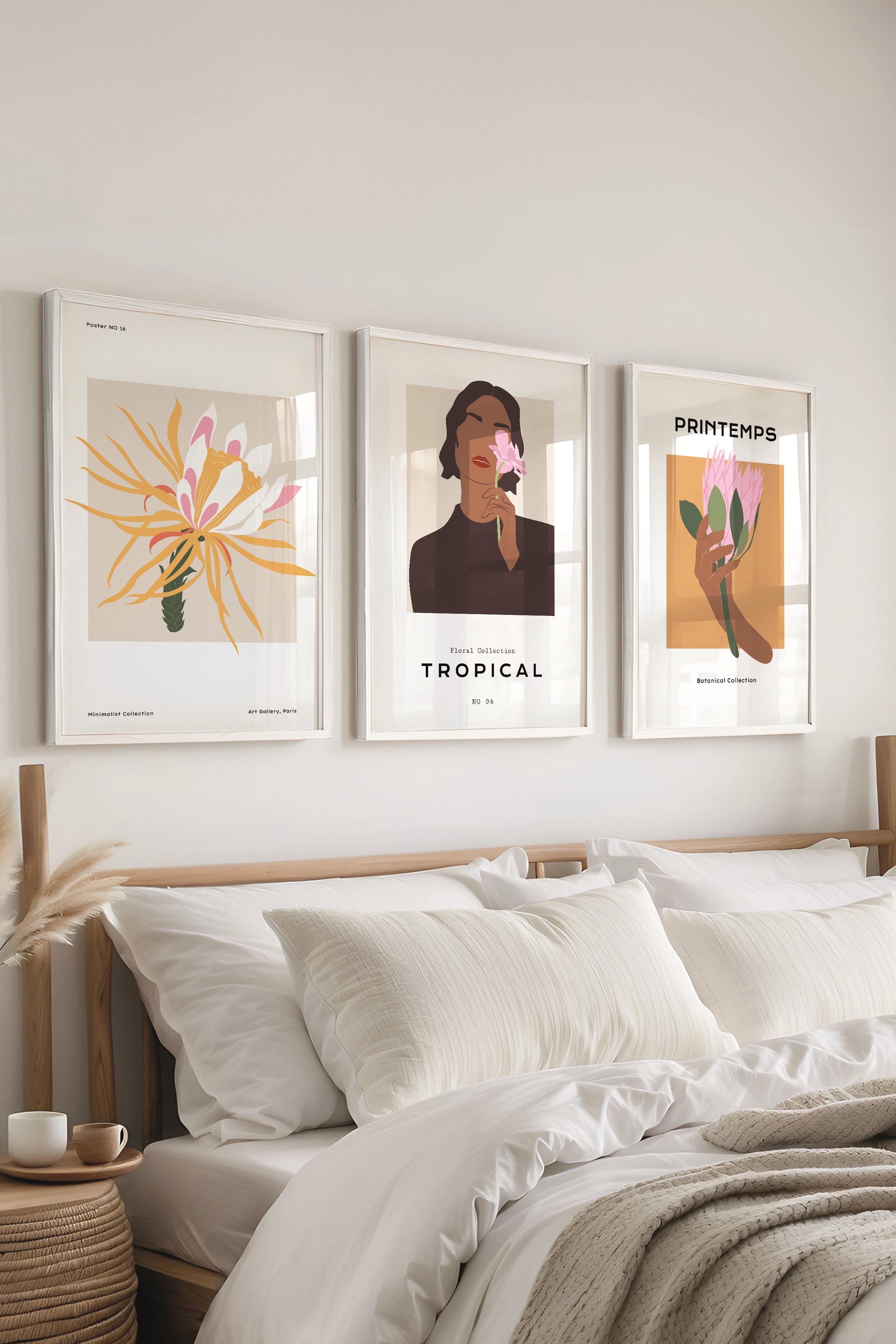 Çerçeveli Tablo Seti, 3 Adet Beyaz Çerçeve ve Minimalist Çizim Temalı Poster Seti, No:300614