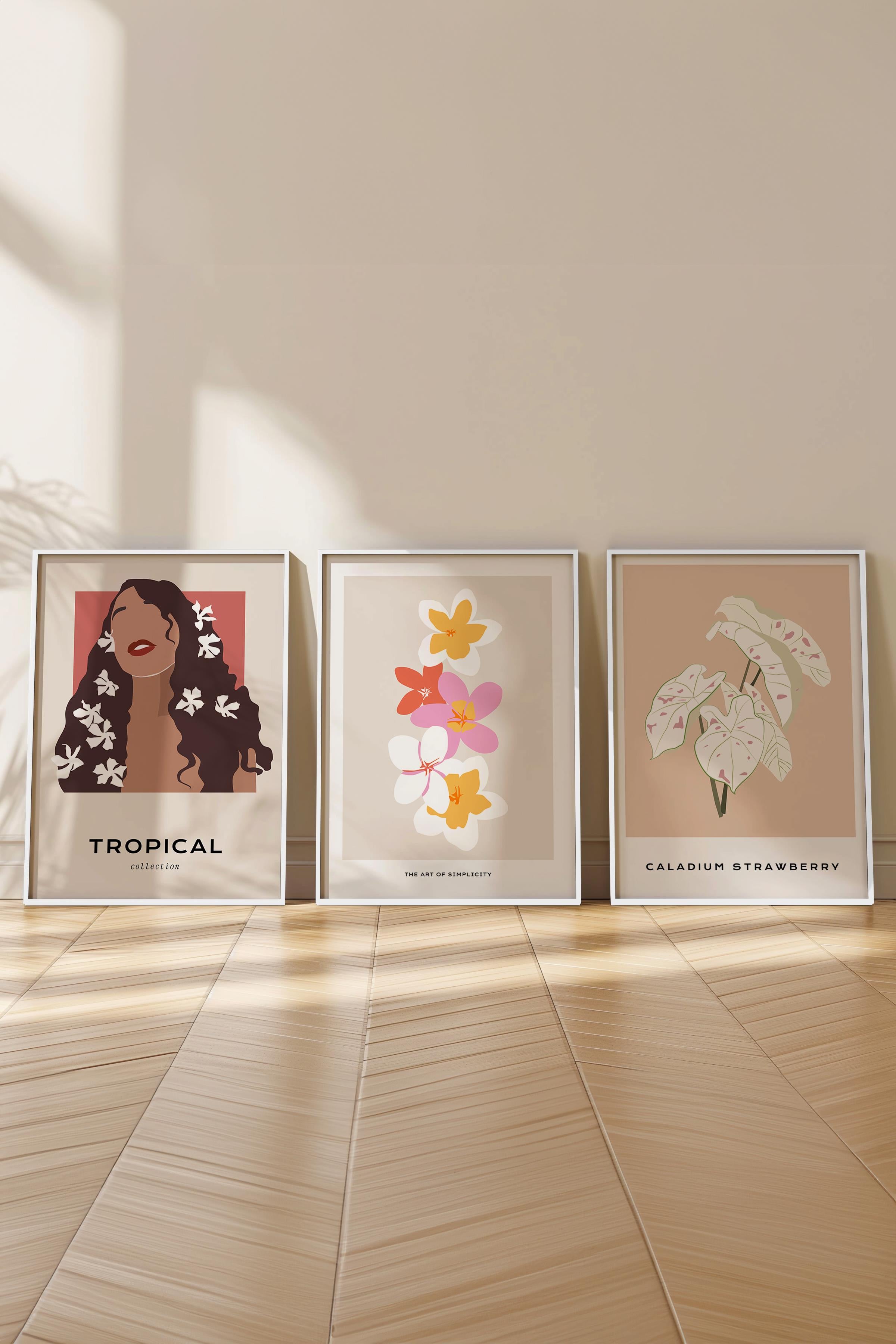 Çerçeveli Tablo Seti, 3 Adet Beyaz Çerçeve ve Minimalist Çizim Temalı Poster Seti, No:300616