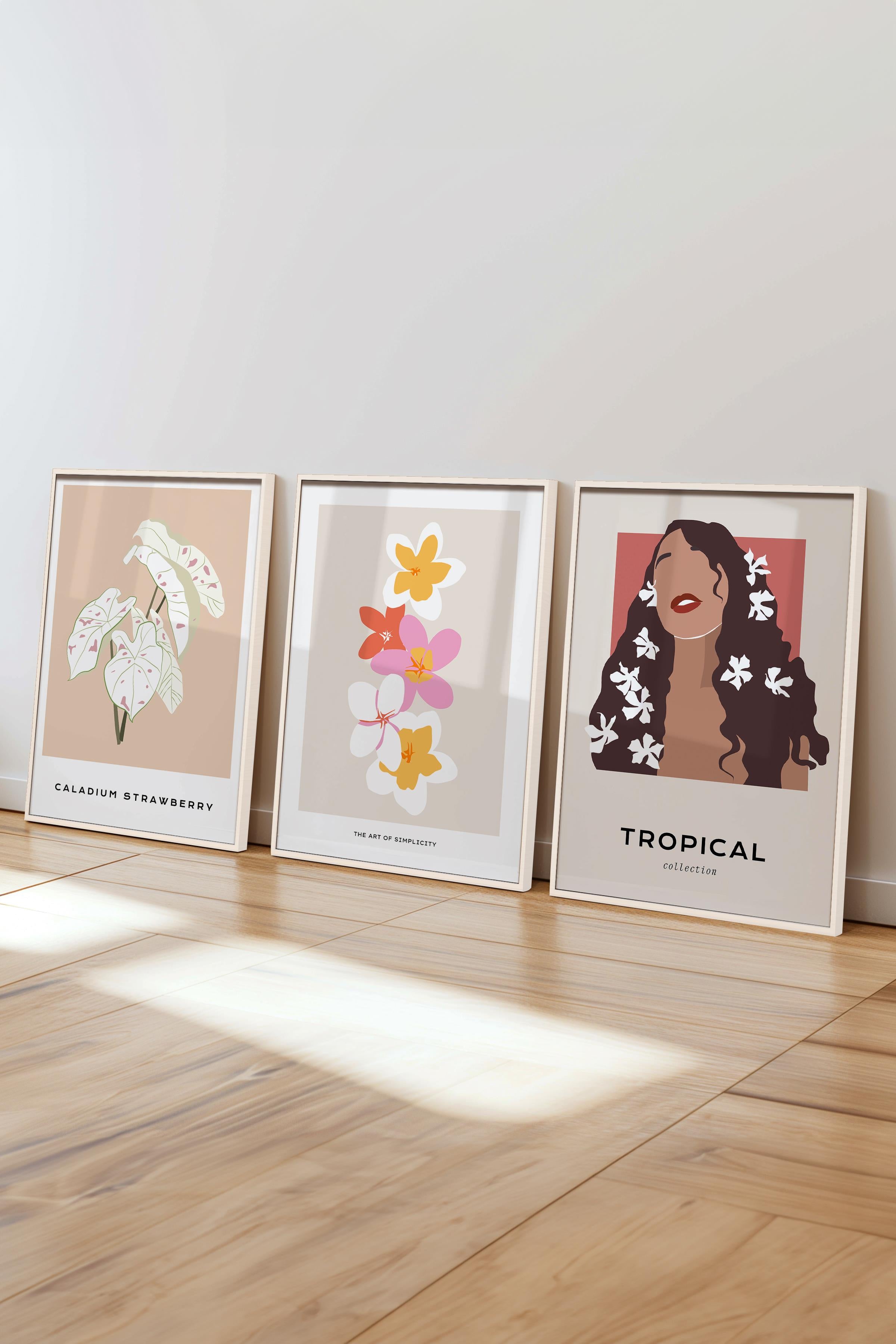Çerçeveli Tablo Seti, 3 Adet Beyaz Çerçeve ve Minimalist Çizim Temalı Poster Seti, No:300616