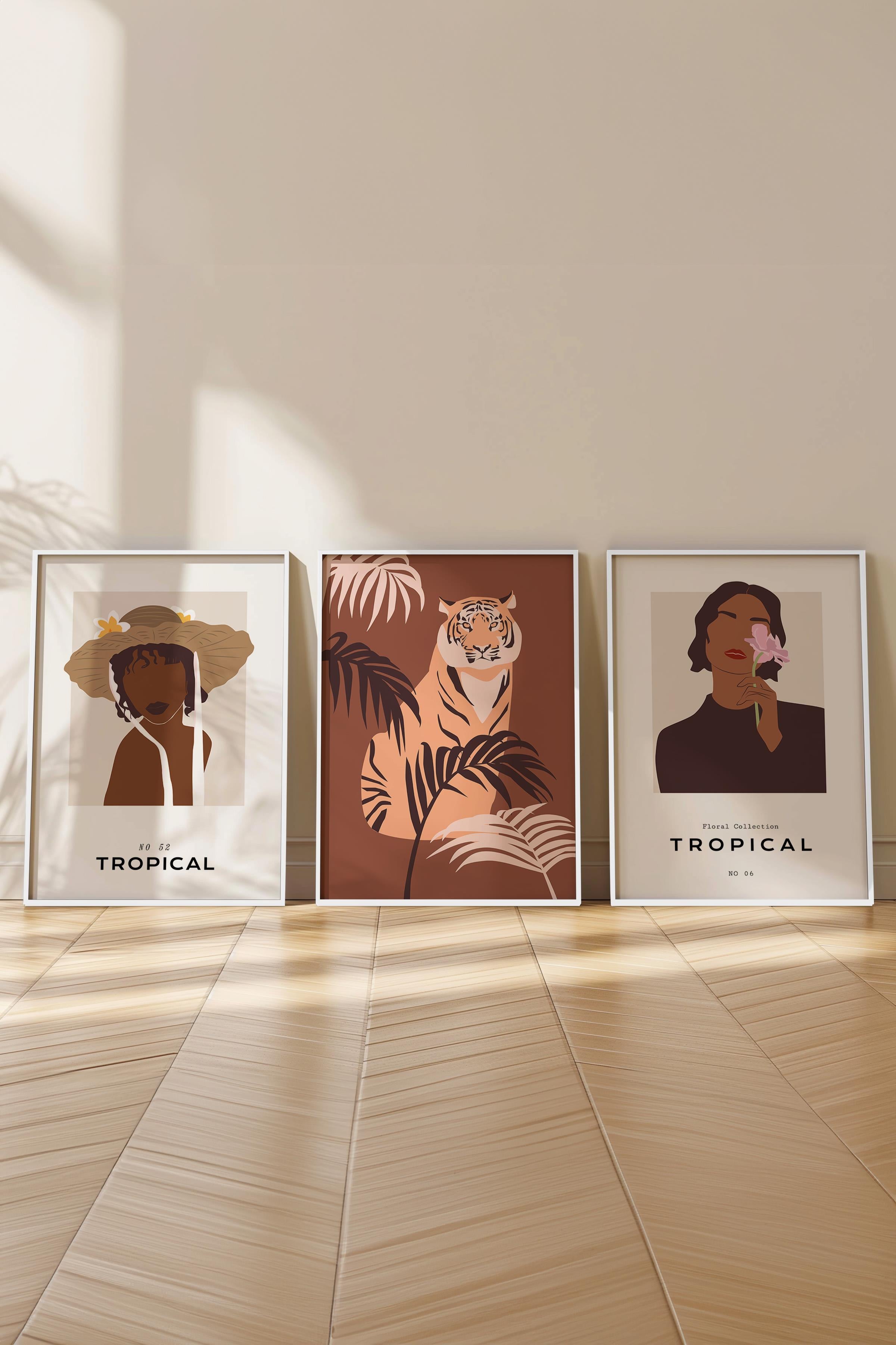 Çerçeveli Tablo Seti, 3 Adet Beyaz Çerçeve ve Minimalist Çizim Temalı Poster Seti, No:300622