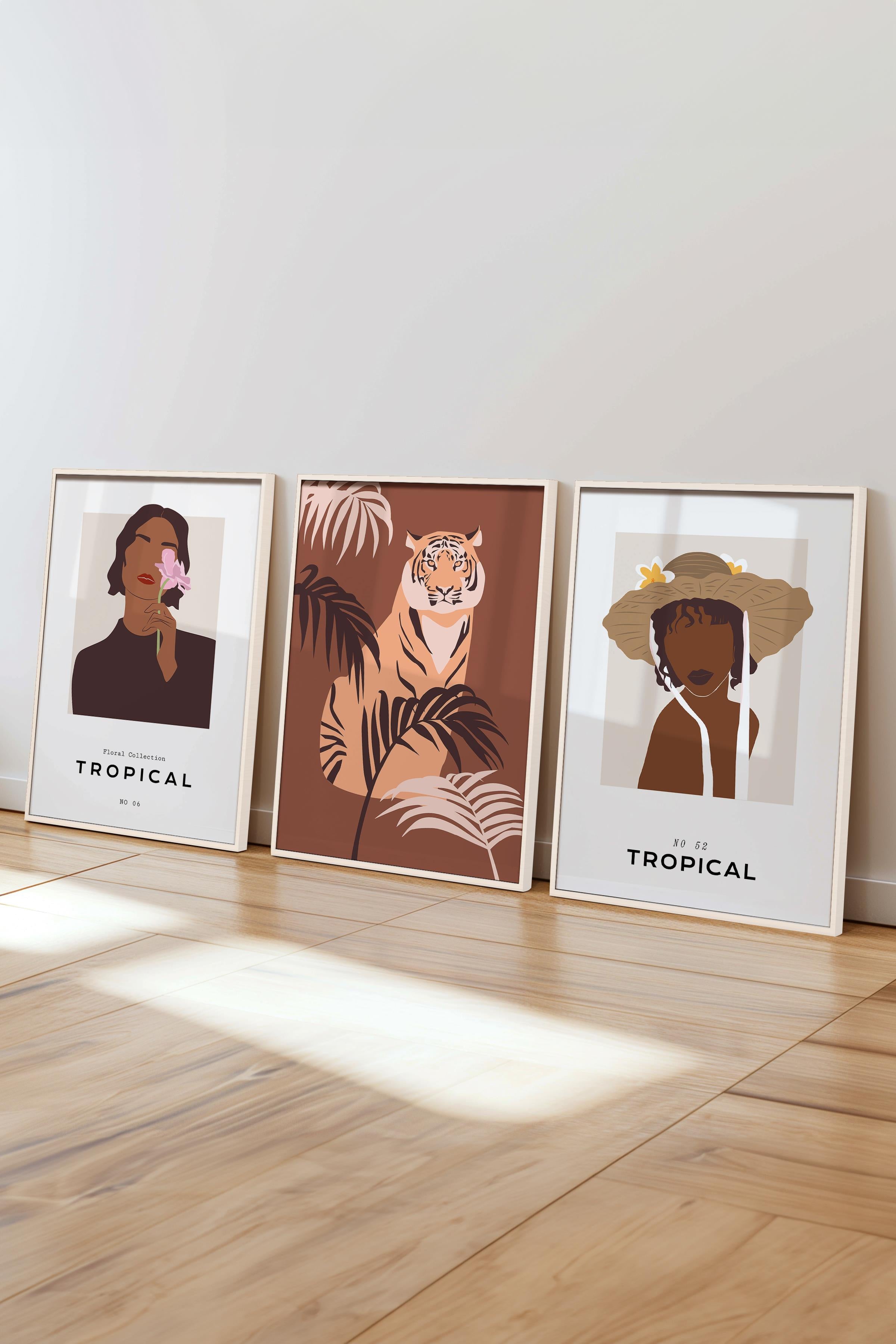 Çerçeveli Tablo Seti, 3 Adet Beyaz Çerçeve ve Minimalist Çizim Temalı Poster Seti, No:300622