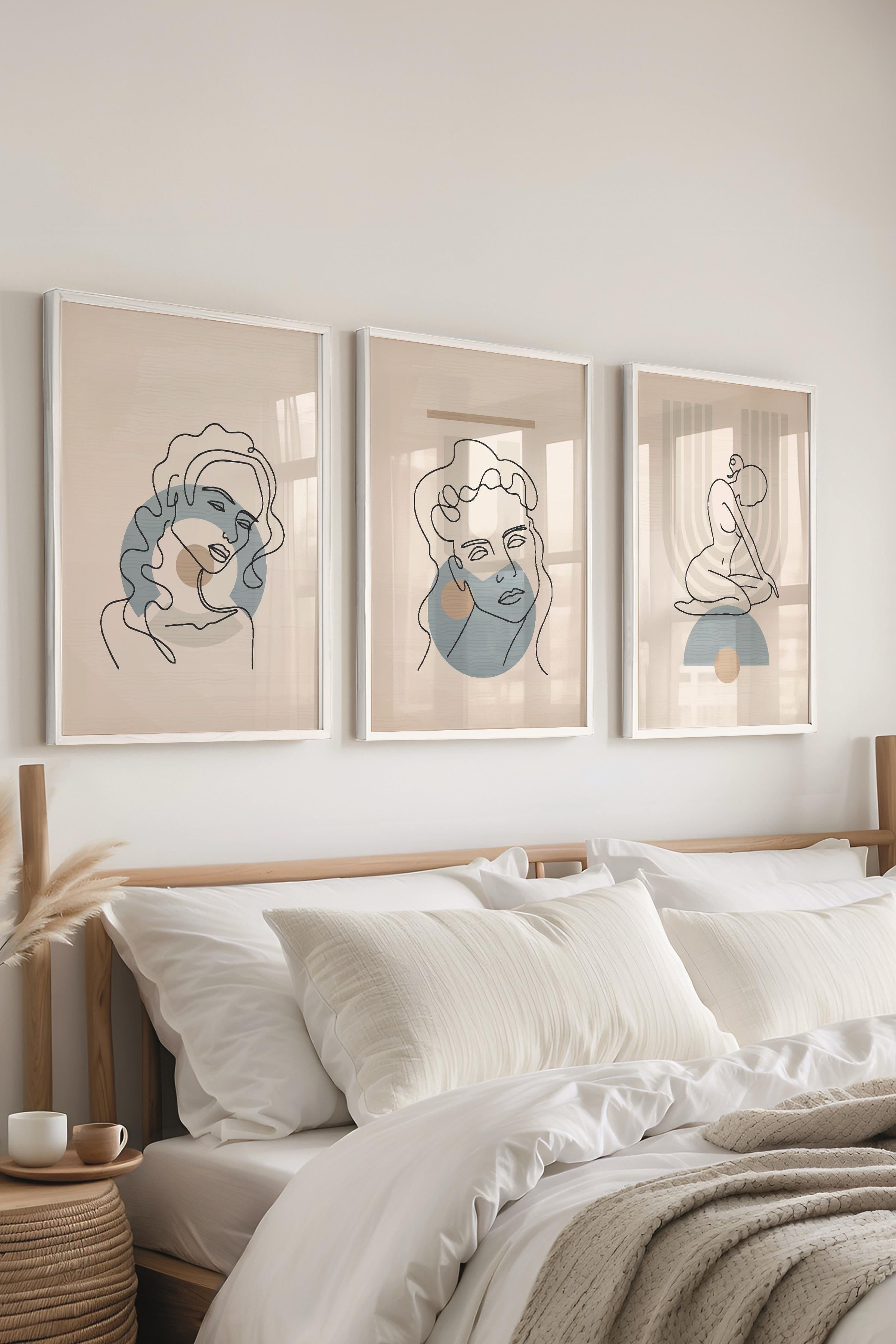 Çerçeveli Tablo Seti, 3 Adet Beyaz Çerçeve ve Minimalist Çizim Temalı Poster Seti, No:300673