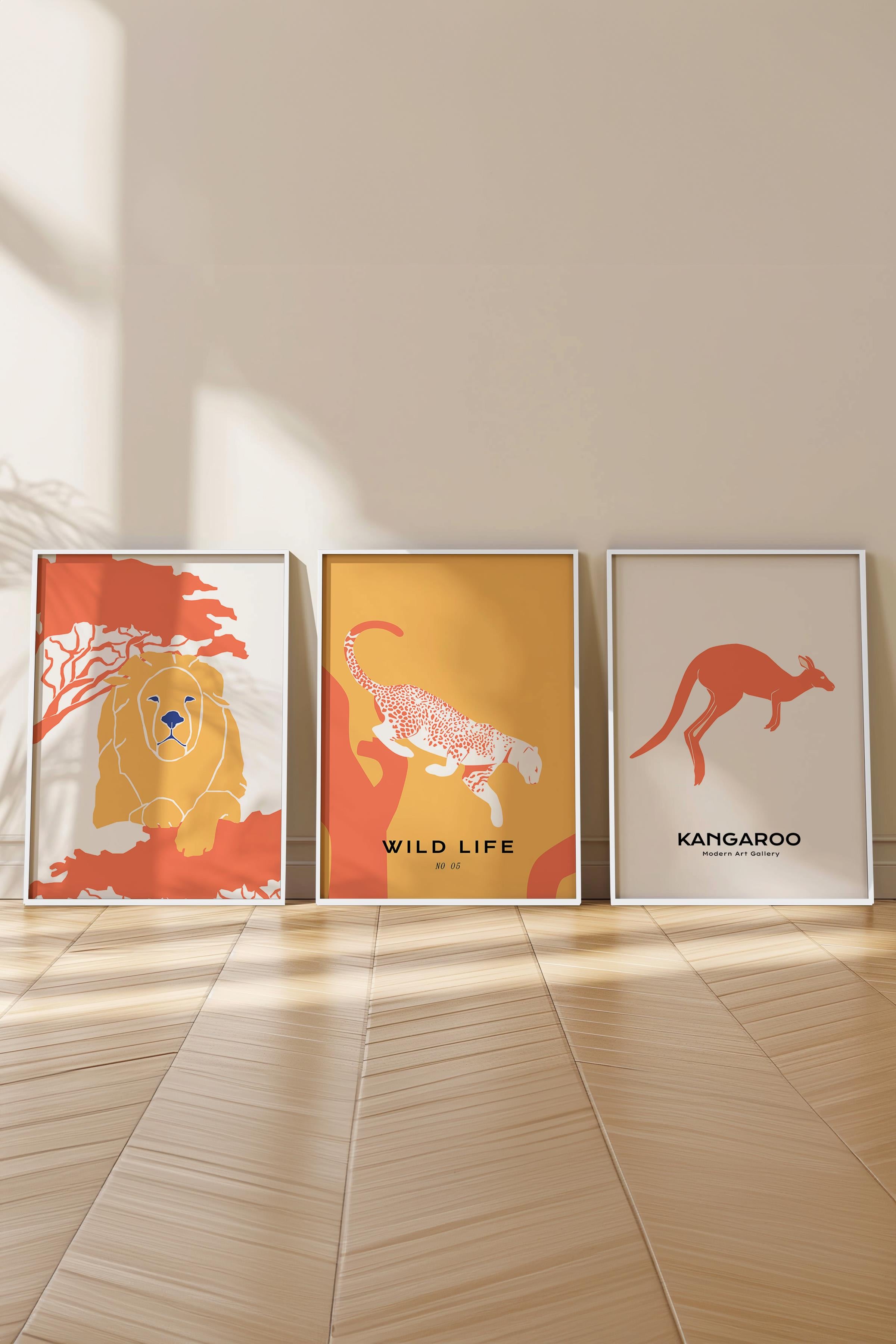 Çerçeveli Tablo Seti, 3 Adet Beyaz Çerçeve ve Minimalist Safari Temalı Poster Seti, No:300498