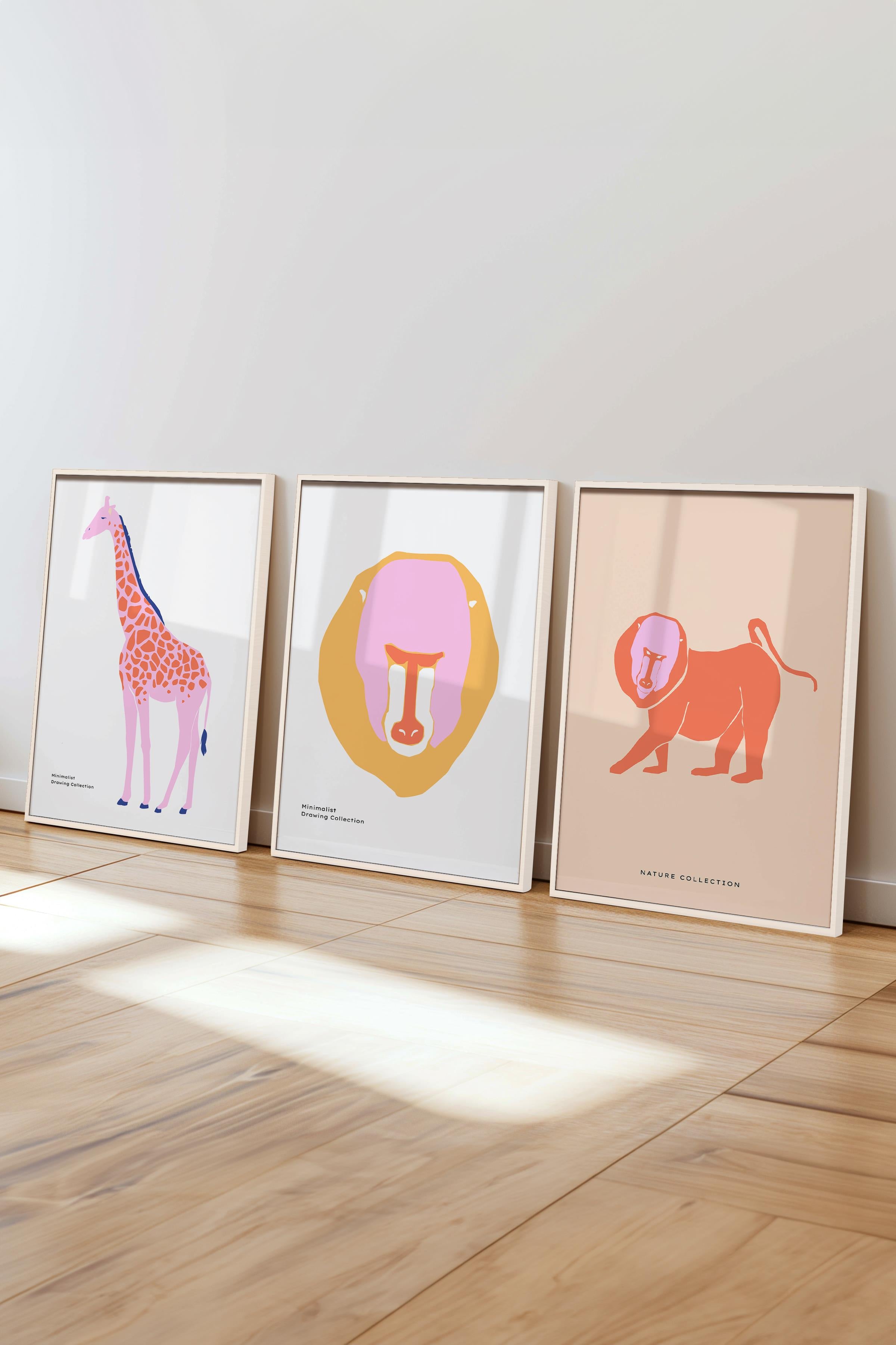 Çerçeveli Tablo Seti, 3 Adet Beyaz Çerçeve ve Minimalist Vahşi Yaşam Temalı Poster Seti, No:300488