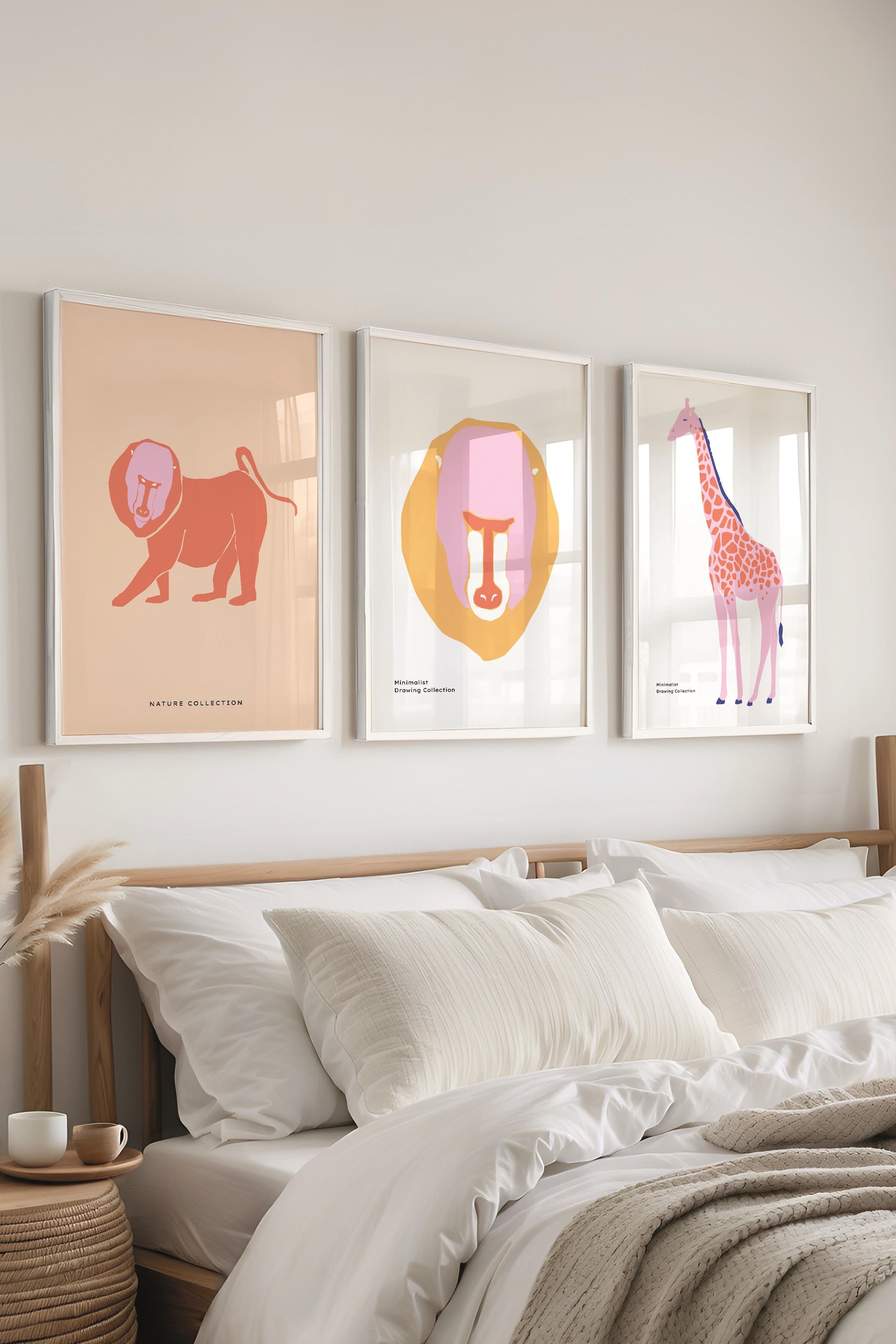 Çerçeveli Tablo Seti, 3 Adet Beyaz Çerçeve ve Minimalist Vahşi Yaşam Temalı Poster Seti, No:300488