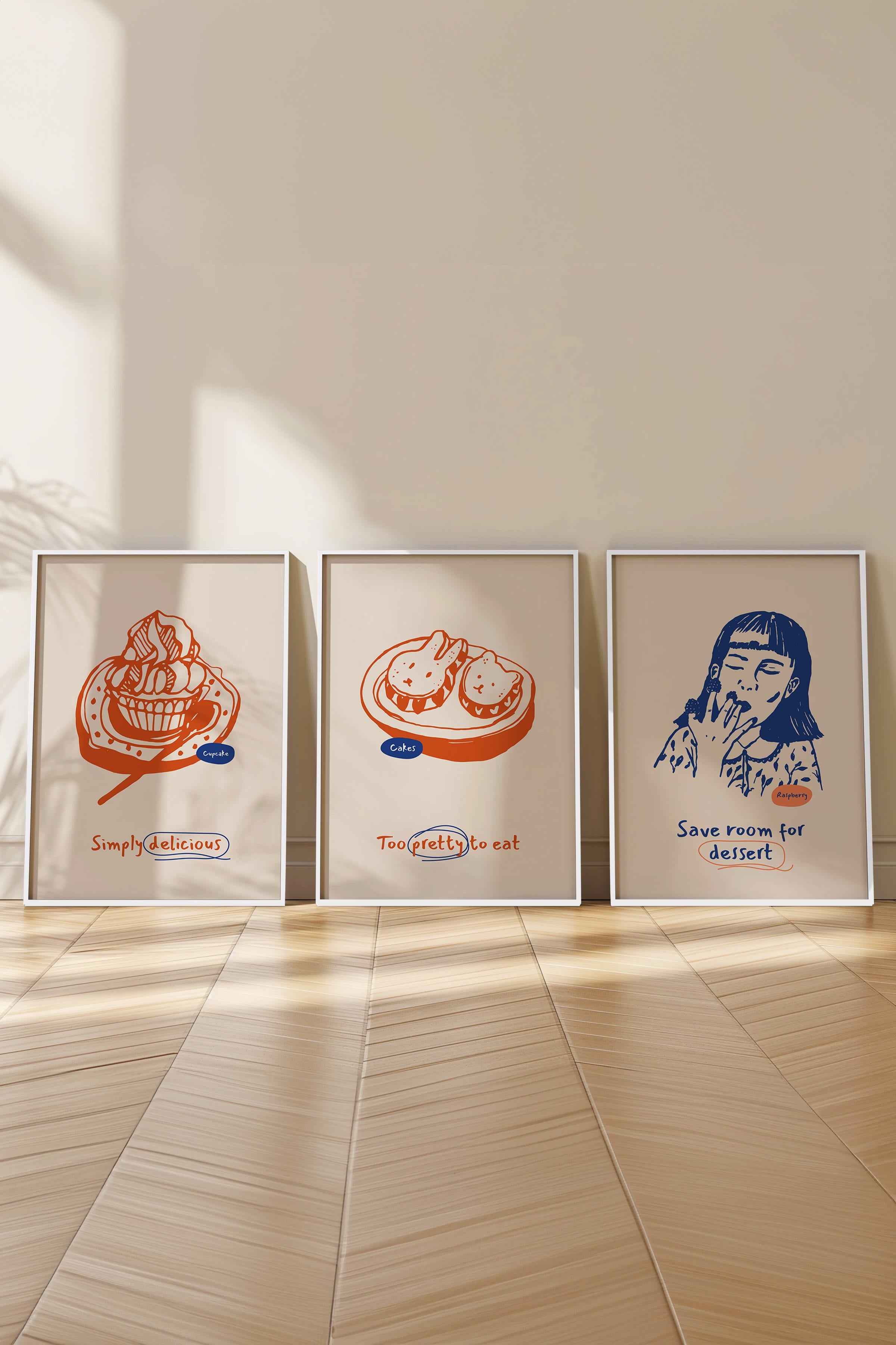 Çerçeveli Tablo Seti, 3 Adet Beyaz Çerçeve ve Minimalist Yemek Temalı Poster Seti, No:300550