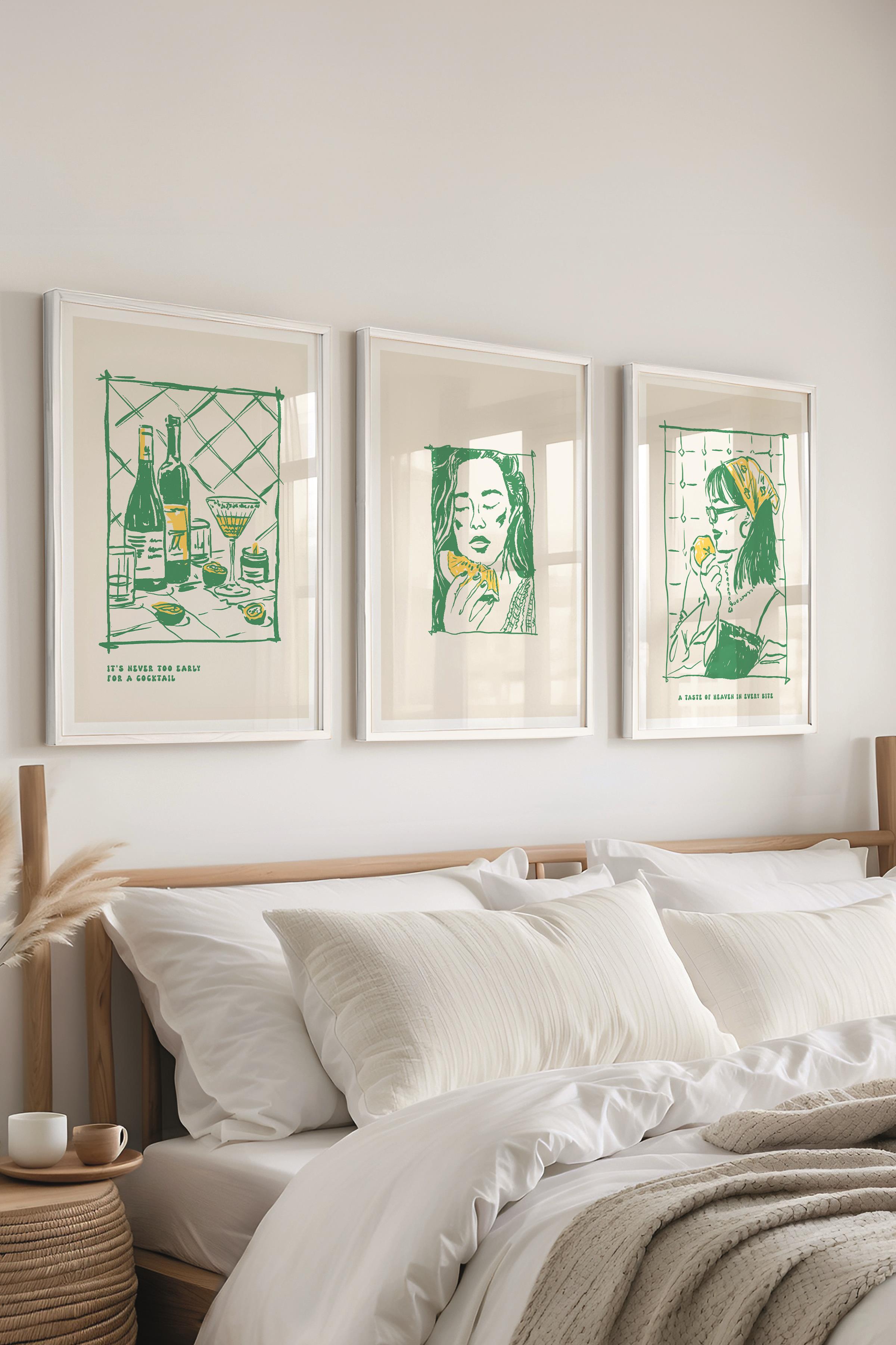 Çerçeveli Tablo Seti, 3 Adet Beyaz Çerçeve ve Minimalist Yemek Temalı Poster Seti, No:300556