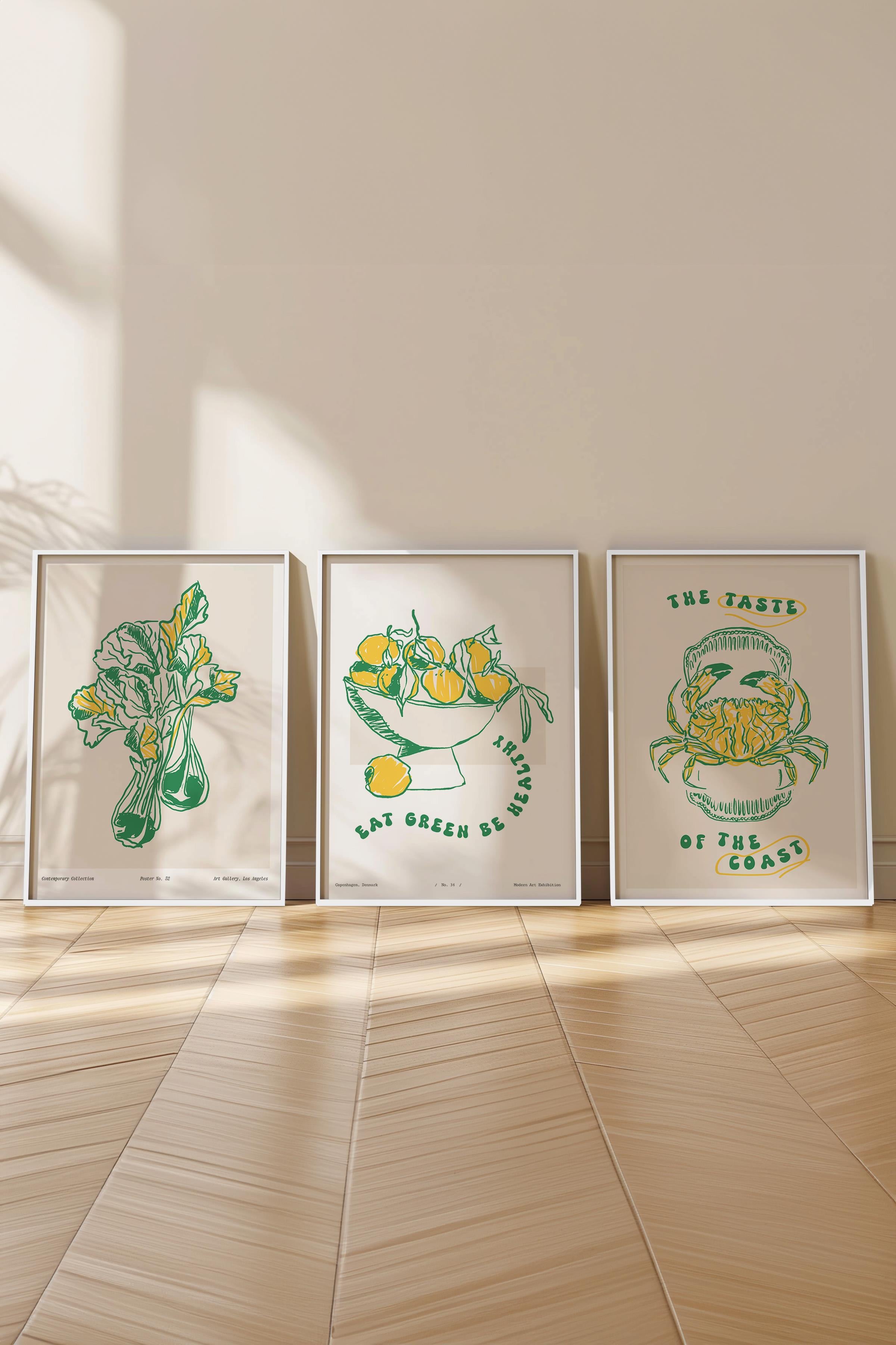 Çerçeveli Tablo Seti, 3 Adet Beyaz Çerçeve ve Minimalist Yemek Temalı Poster Seti, No:300557