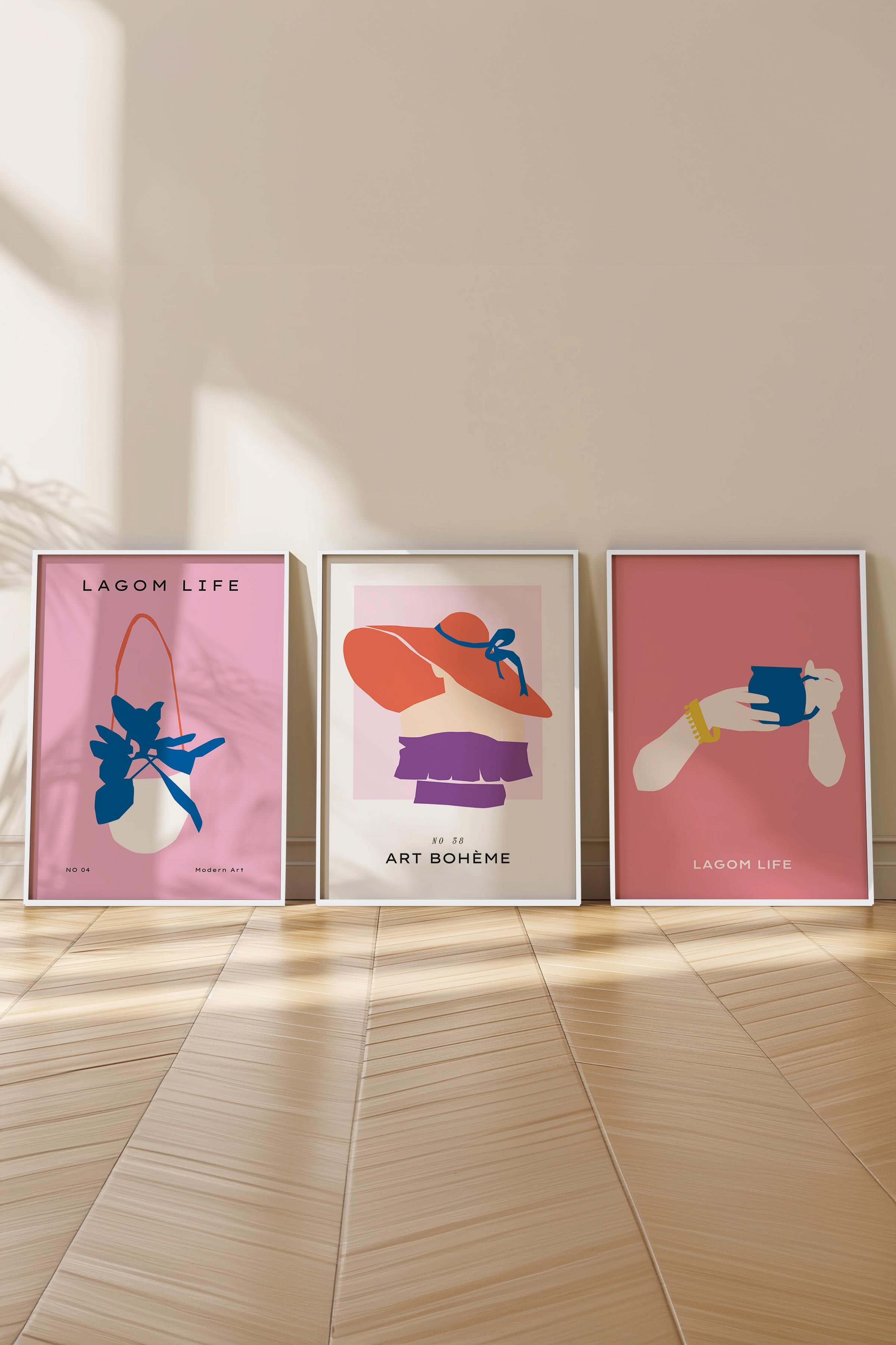 Çerçeveli Tablo Seti, 3 Adet Beyaz Çerçeve ve Pembe Minimalist Temalı Poster Seti, No:300463