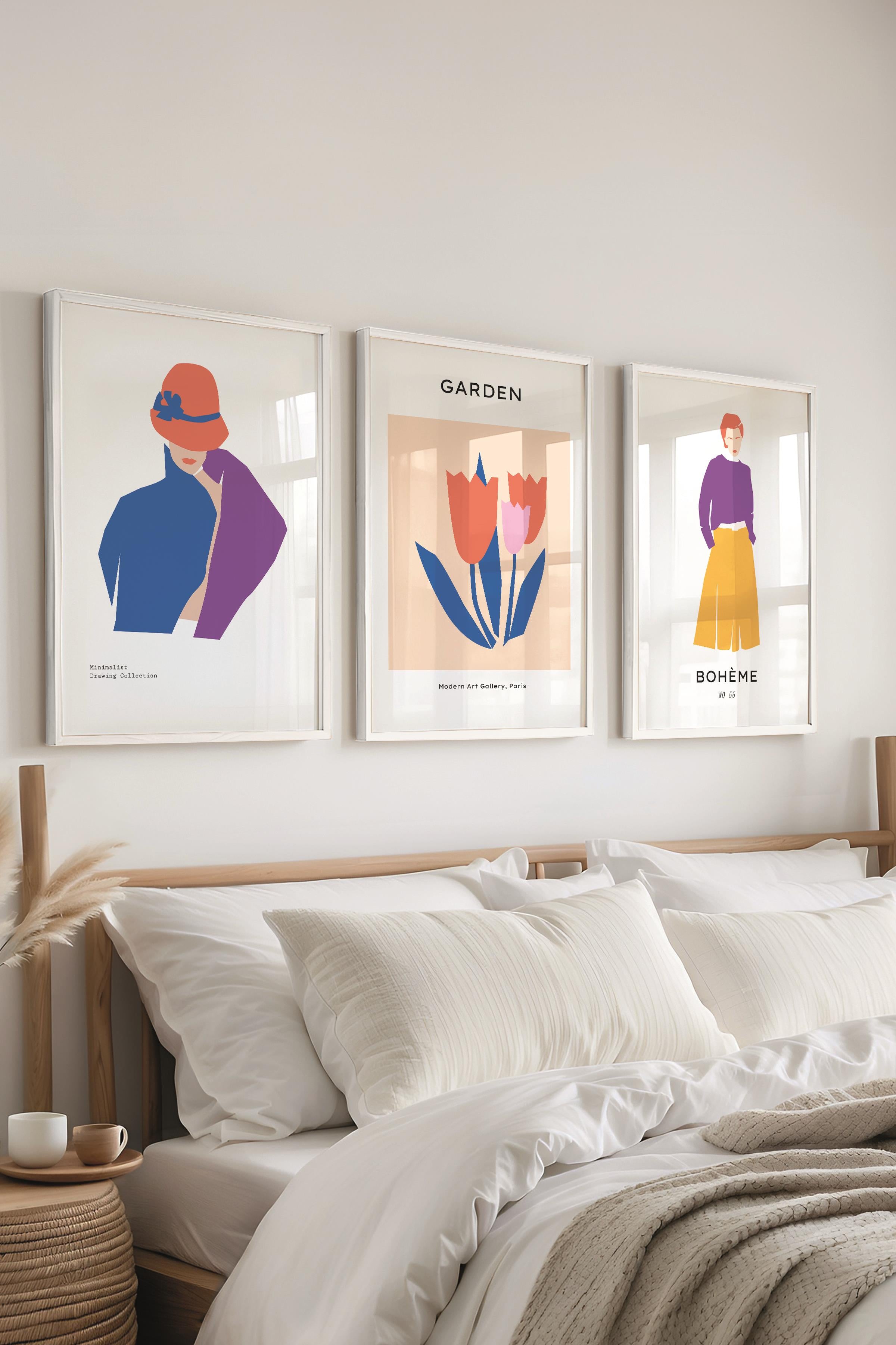 Çerçeveli Tablo Seti, 3 Adet Beyaz Çerçeve ve Renkli Minimalist Temalı Poster Seti, No:300466
