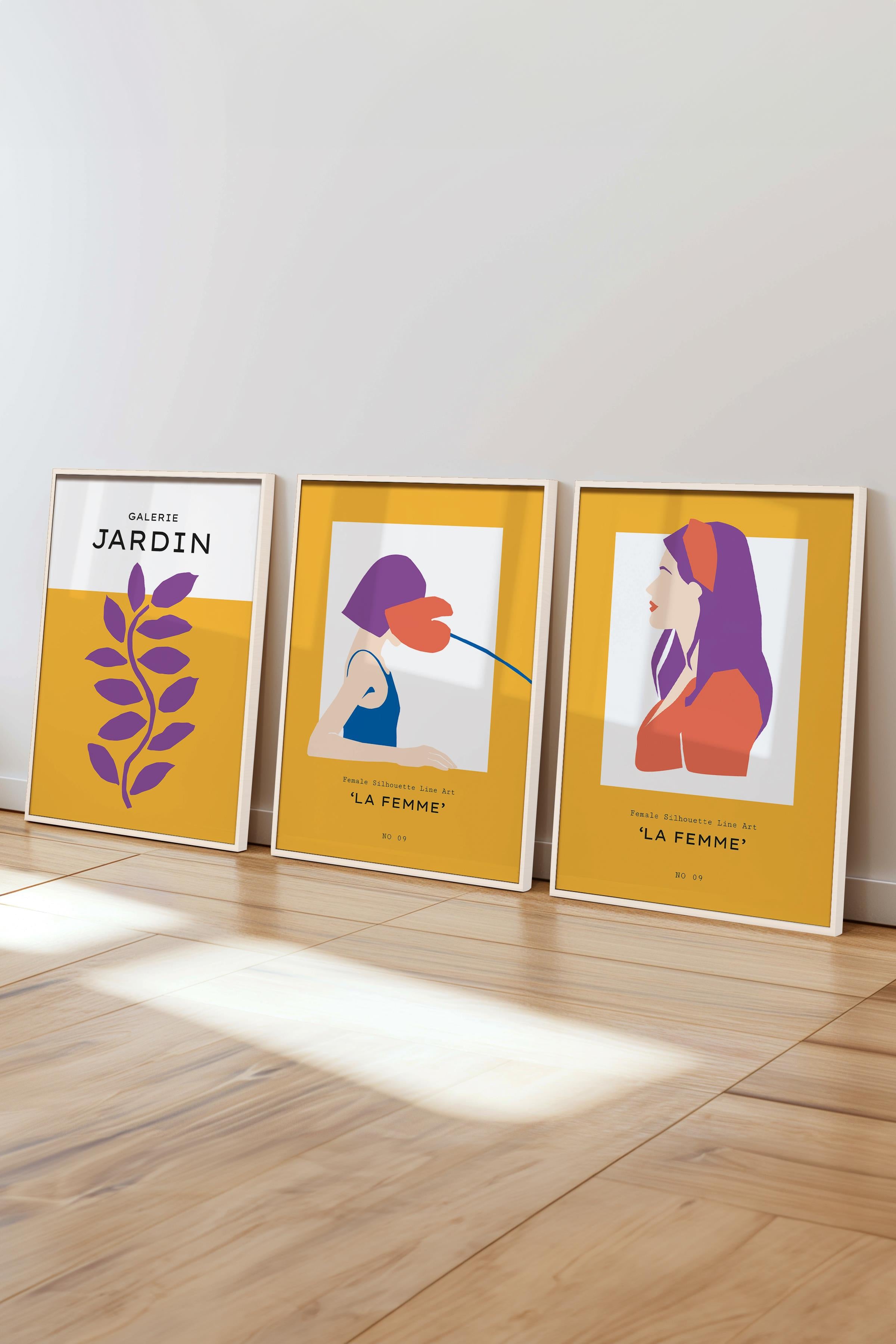 Çerçeveli Tablo Seti, 3 Adet Beyaz Çerçeve ve Sarı Minimalist Temalı Poster Seti, No:300462