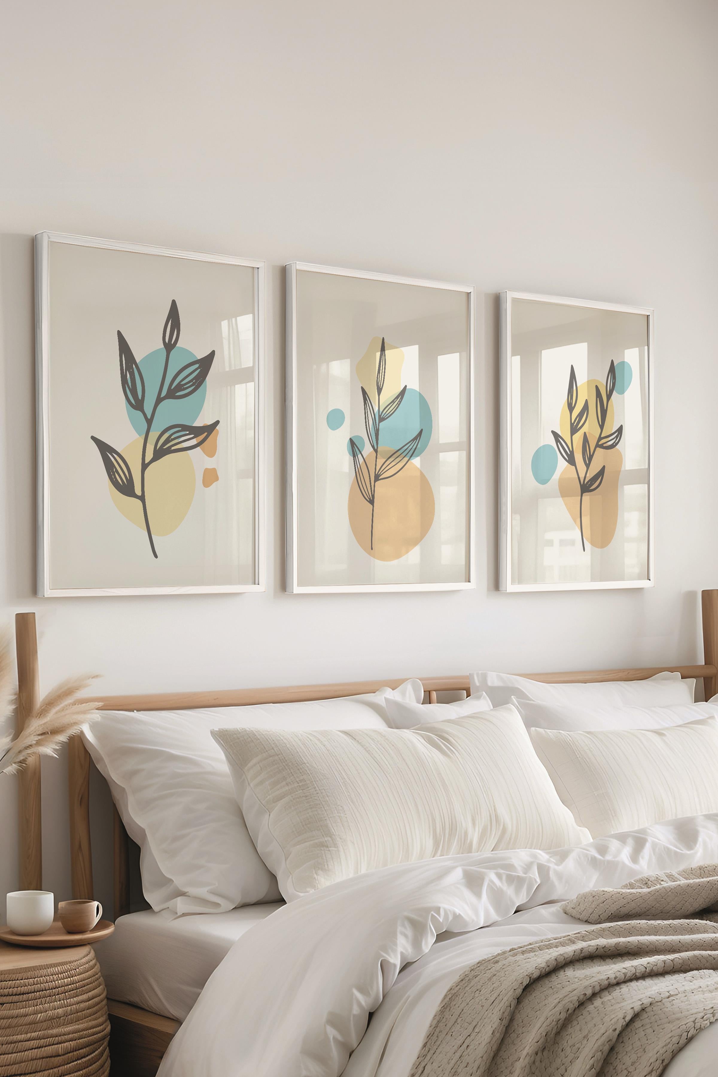 Çerçeveli Tablo Seti, 3 Adet Beyaz Çerçeve ve Soyut Botanik Temalı Poster Seti, No:300681
