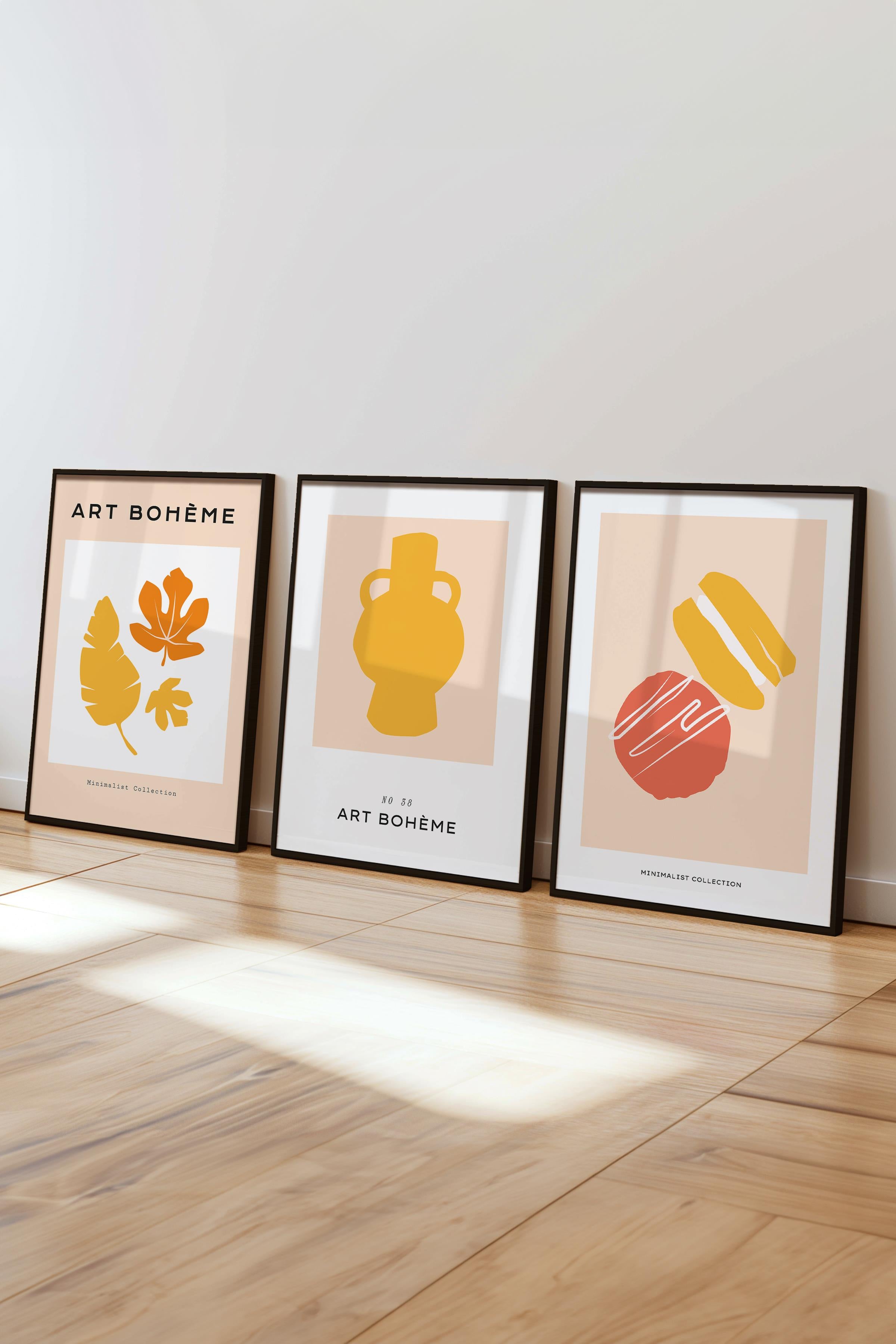Çerçeveli Tablo Seti, 3 Adet Siyah Çerçeve ve Bej Minimalist Temalı Poster Seti, No:300457