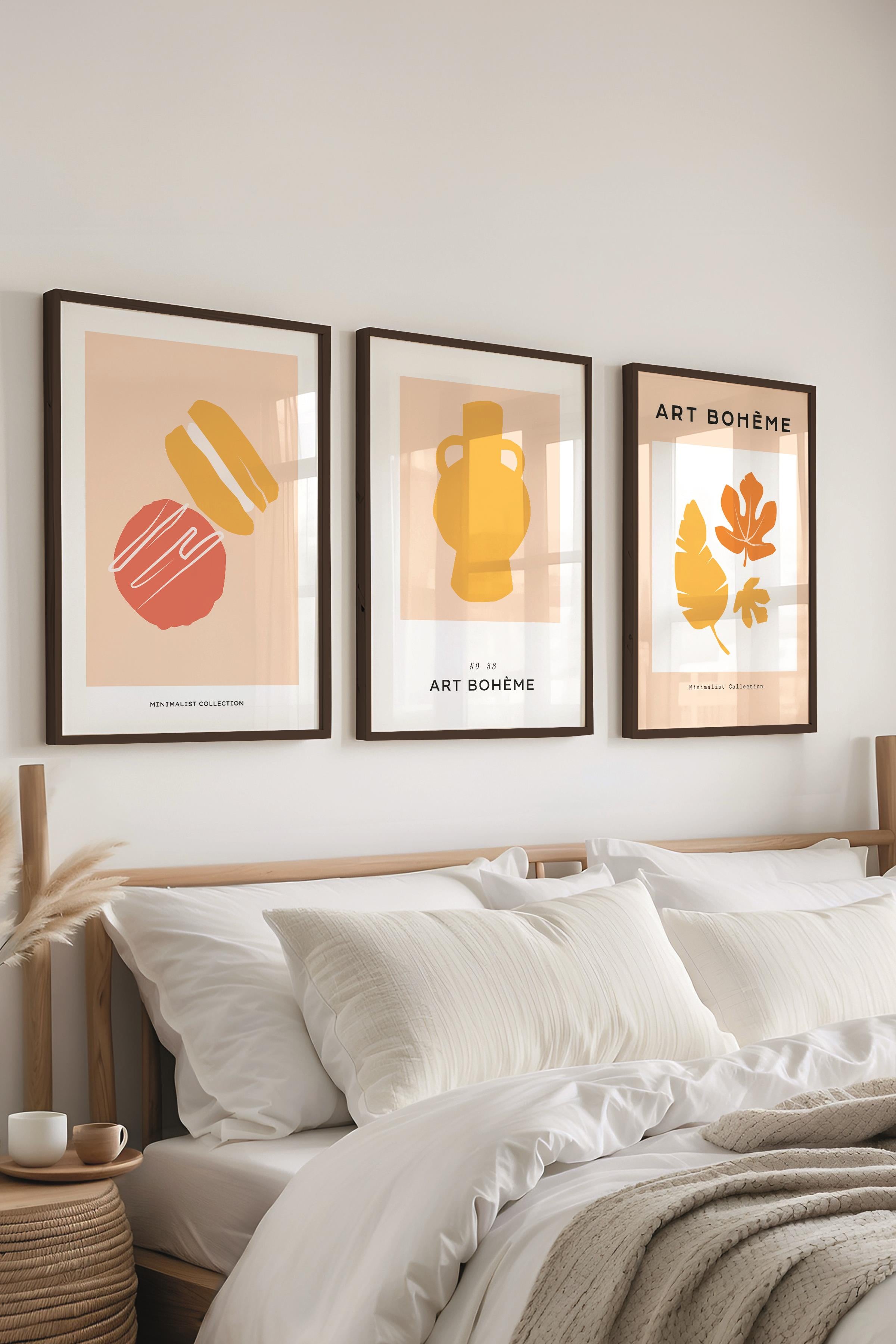 Çerçeveli Tablo Seti, 3 Adet Siyah Çerçeve ve Bej Minimalist Temalı Poster Seti, No:300457