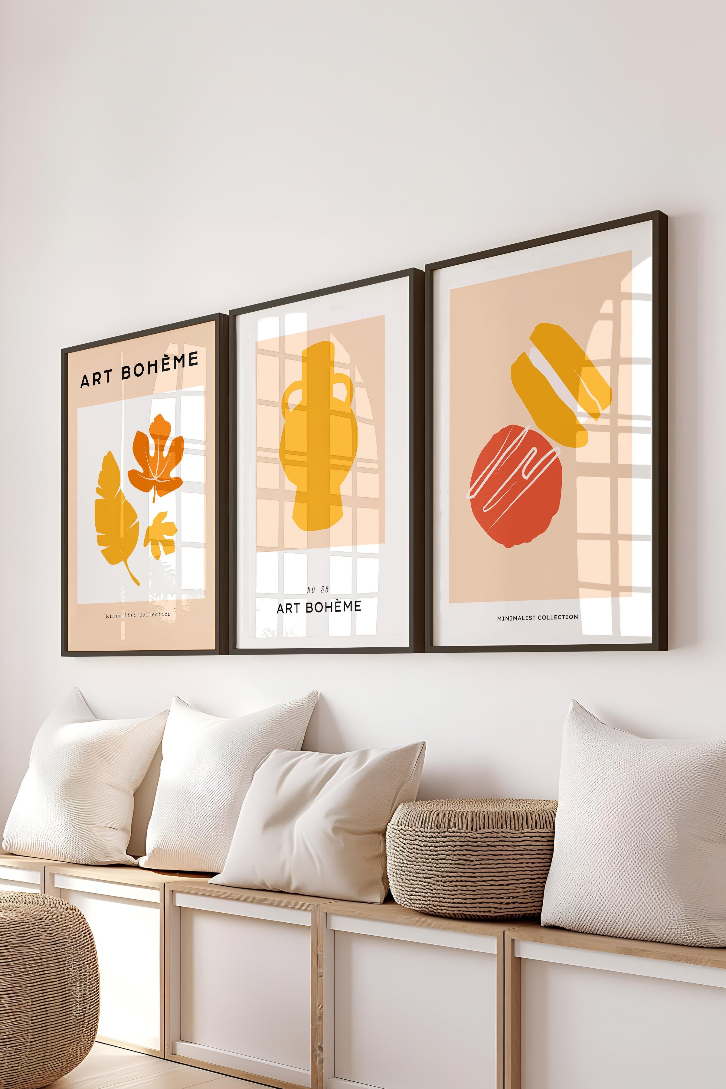 Çerçeveli Tablo Seti, 3 Adet Siyah Çerçeve ve Bej Minimalist Temalı Poster Seti, No:300457