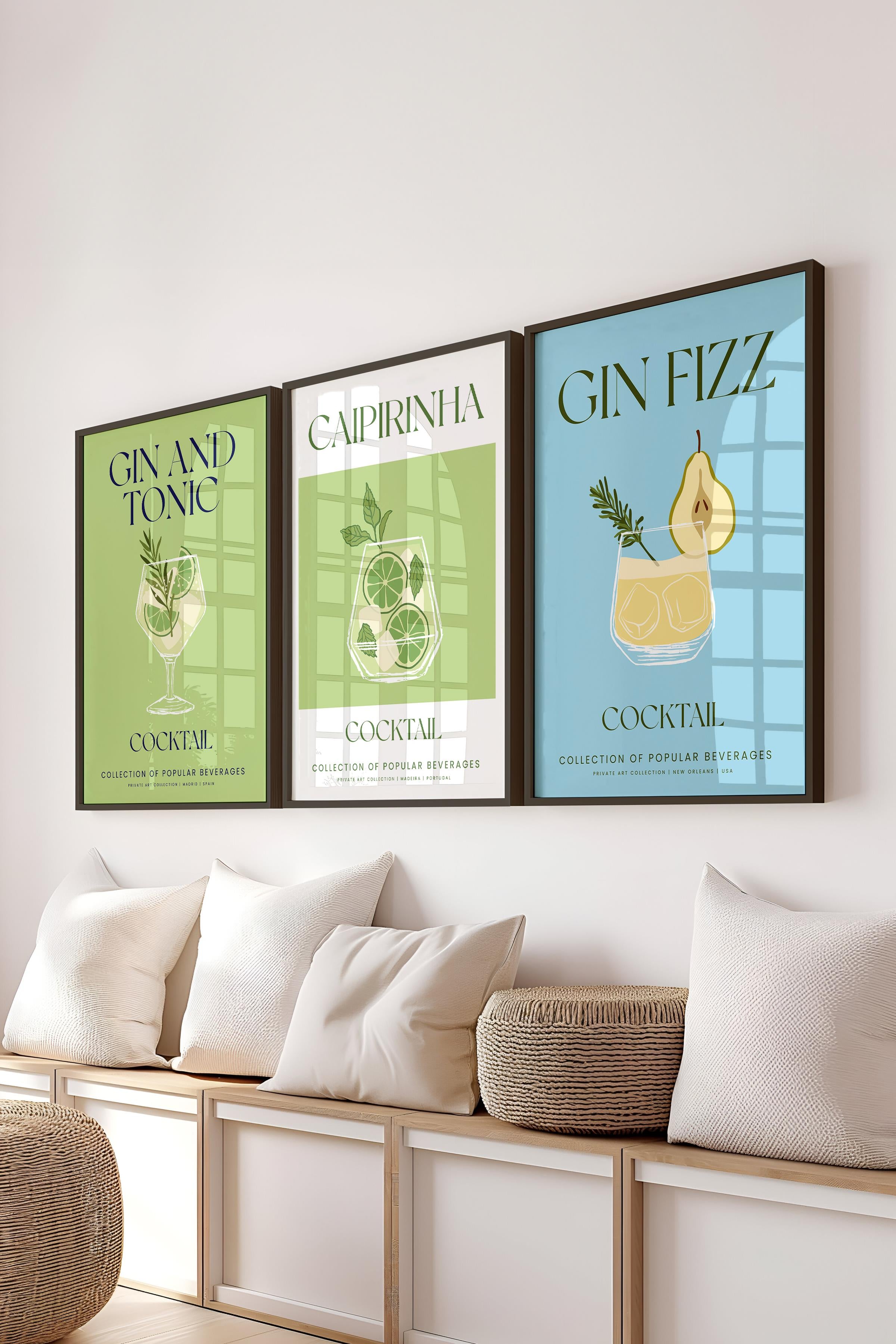 Çerçeveli Tablo Seti, 3 Adet Siyah Çerçeve ve Kokteyl Çizim Temalı Poster Seti, No:300535