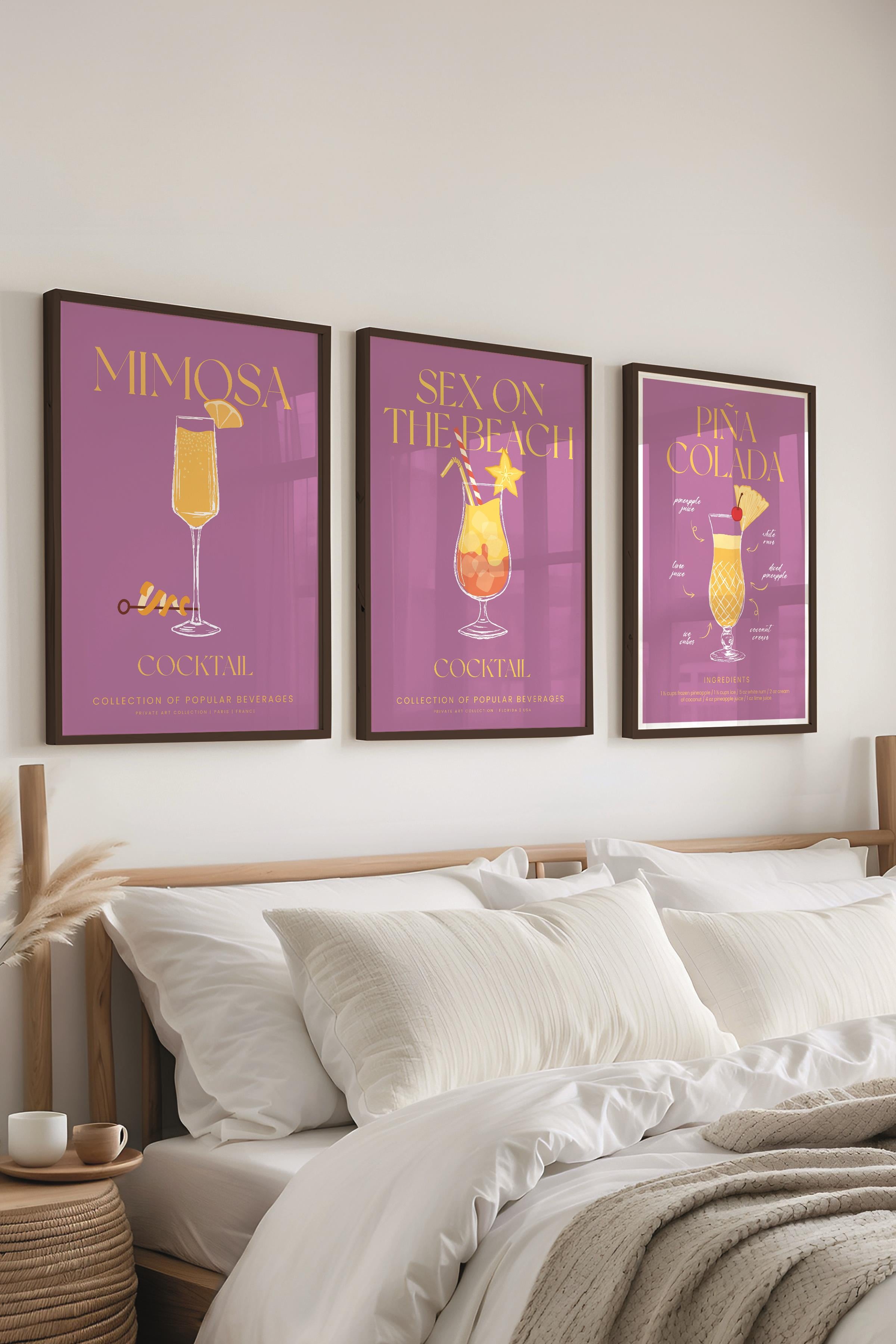 Çerçeveli Tablo Seti, 3 Adet Siyah Çerçeve ve Kokteyl Çizim Temalı Poster Seti, No:300536