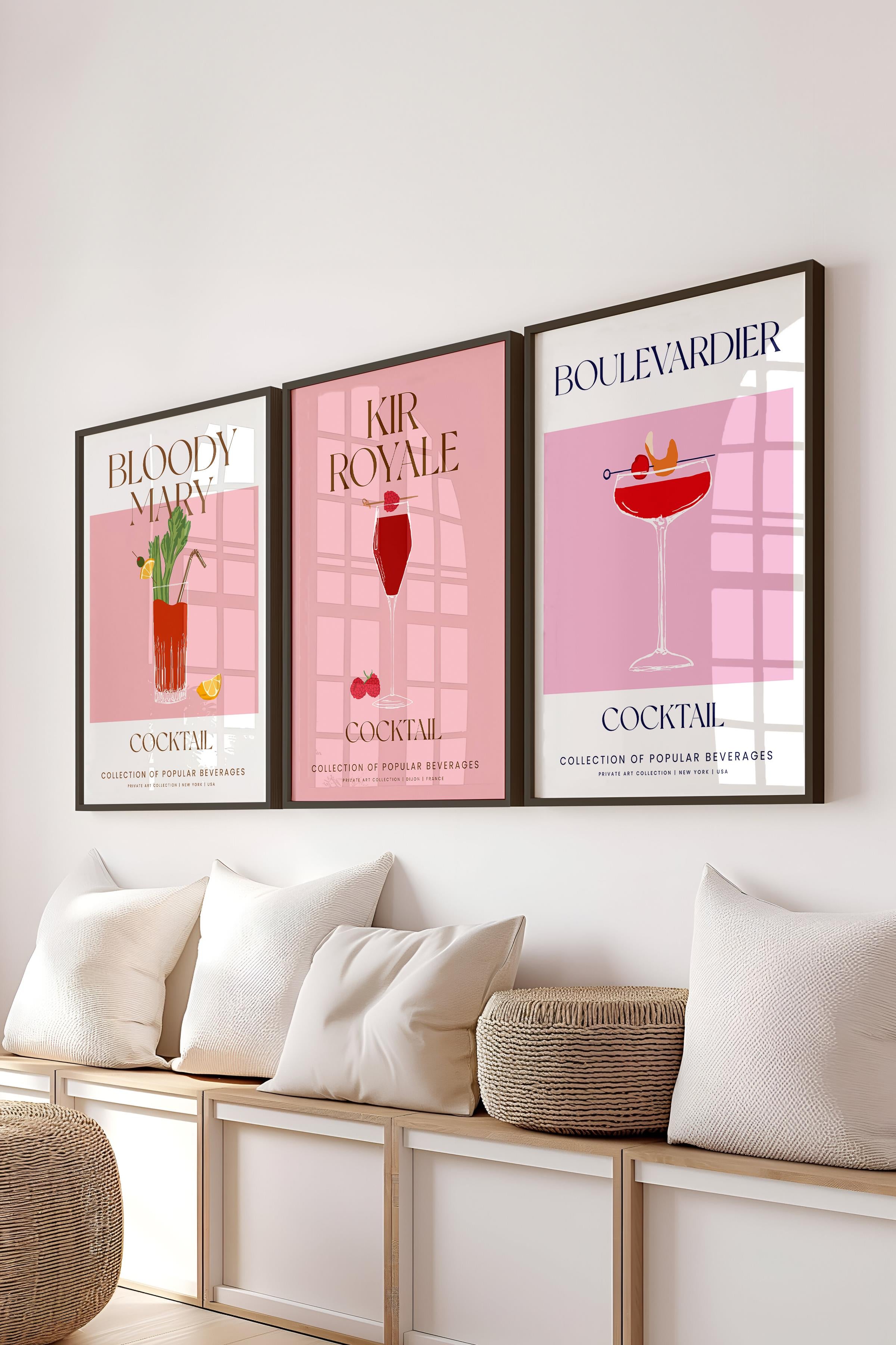 Çerçeveli Tablo Seti, 3 Adet Siyah Çerçeve ve Kokteyl Çizim Temalı Poster Seti, No:300537