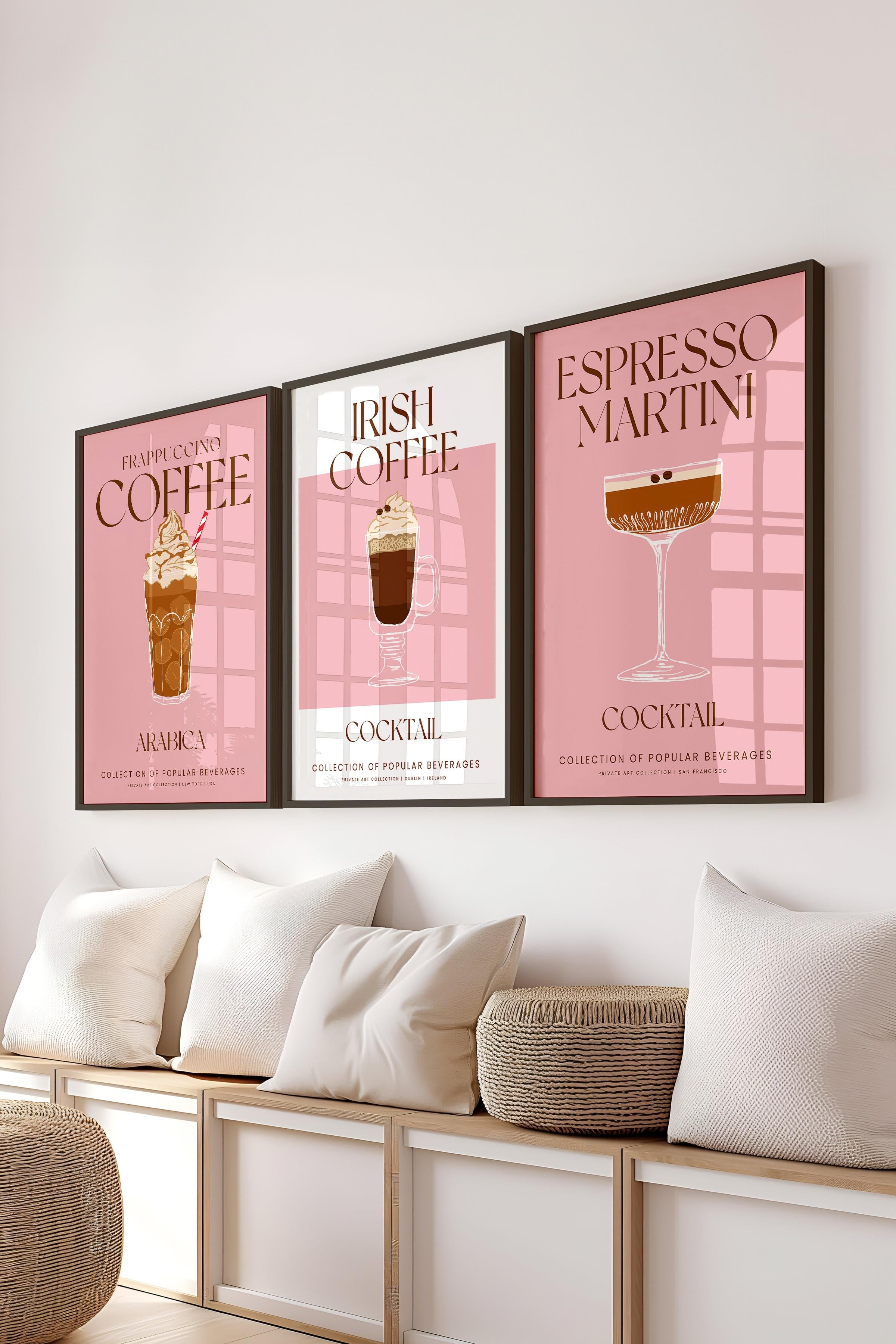 Çerçeveli Tablo Seti, 3 Adet Siyah Çerçeve ve Kokteyl Çizim Temalı Poster Seti, No:300538