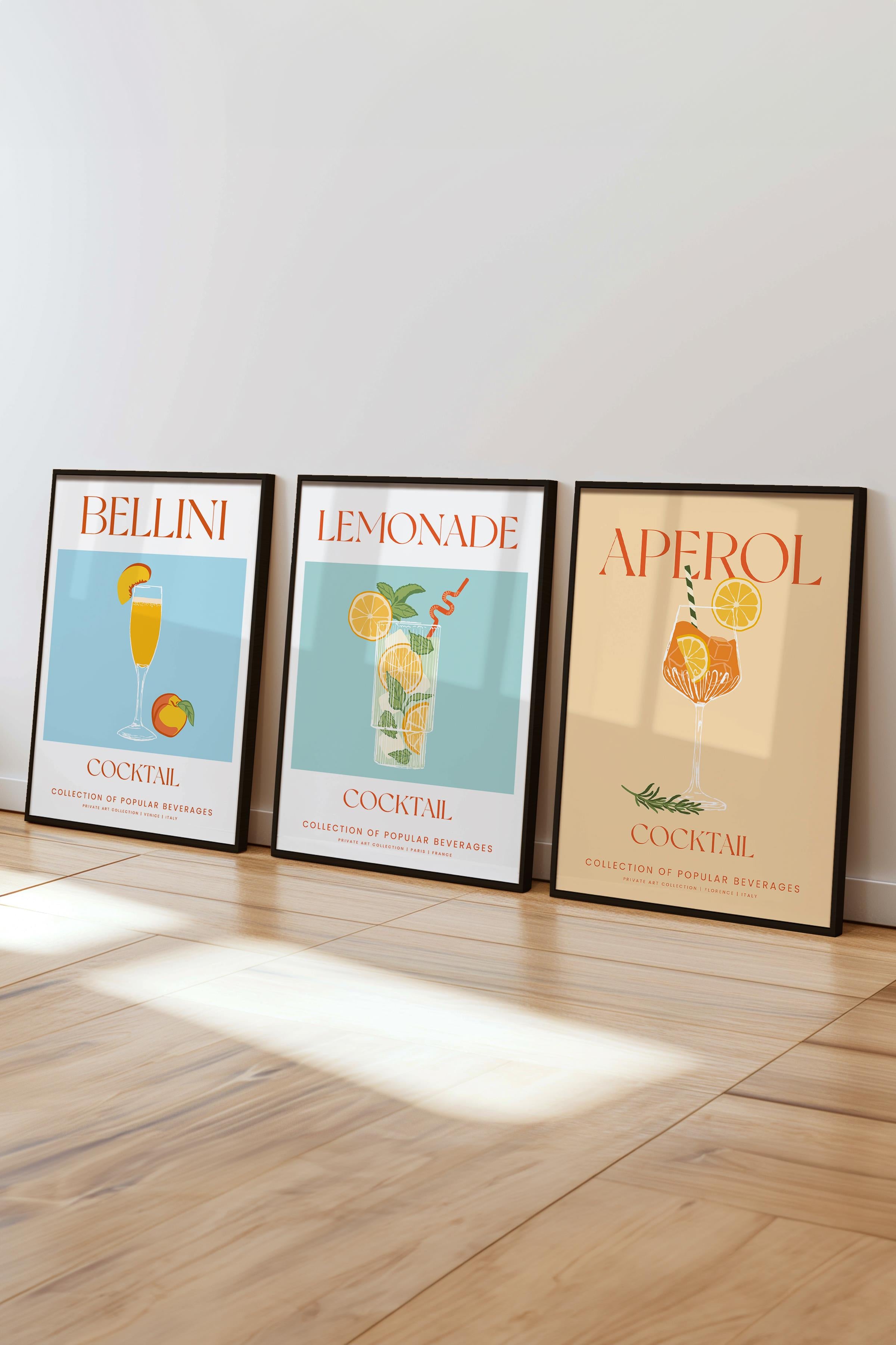 Çerçeveli Tablo Seti, 3 Adet Siyah Çerçeve ve Kokteyl Çizim Temalı Poster Seti, No:300539