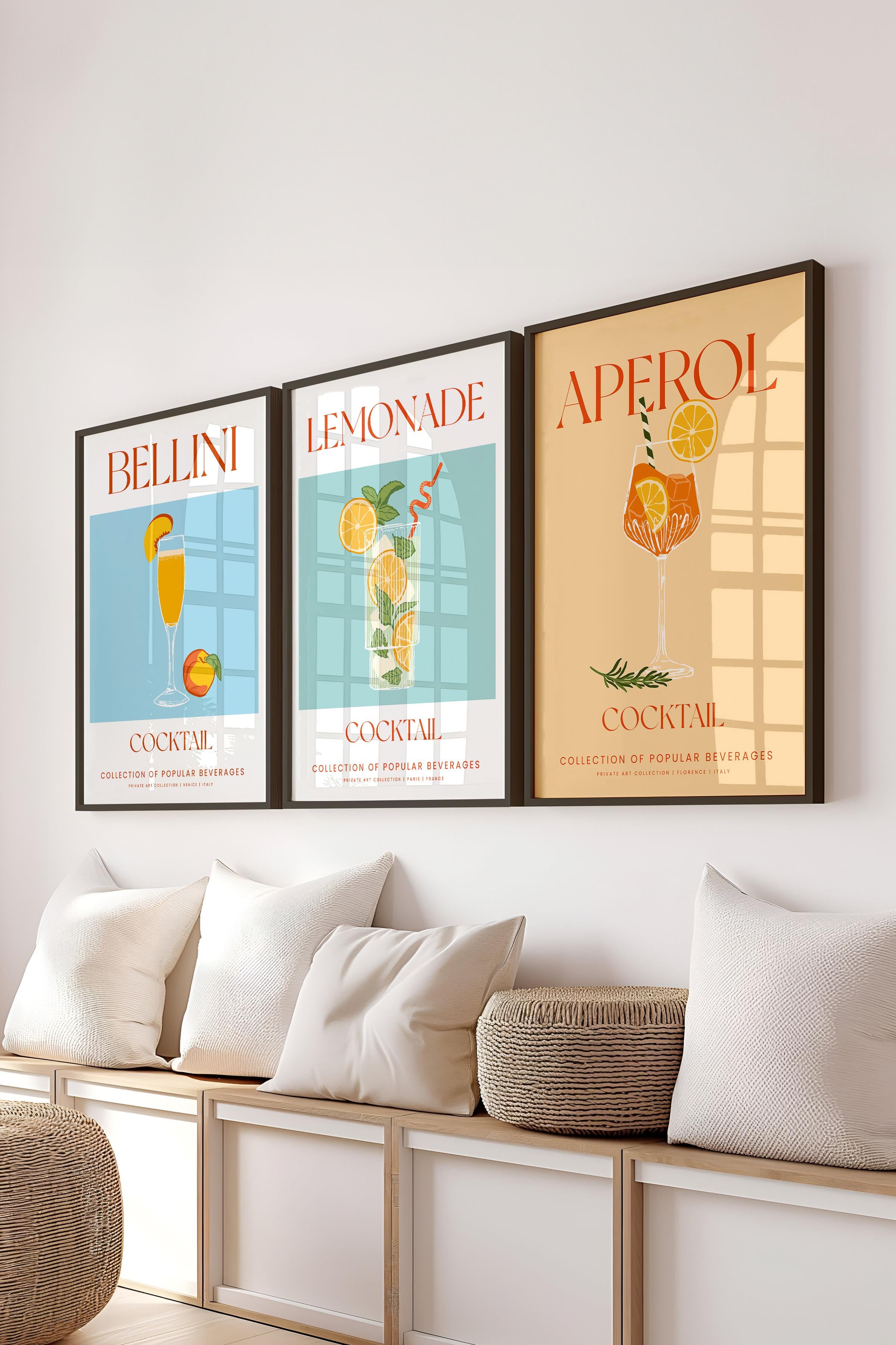 Çerçeveli Tablo Seti, 3 Adet Siyah Çerçeve ve Kokteyl Çizim Temalı Poster Seti, No:300539