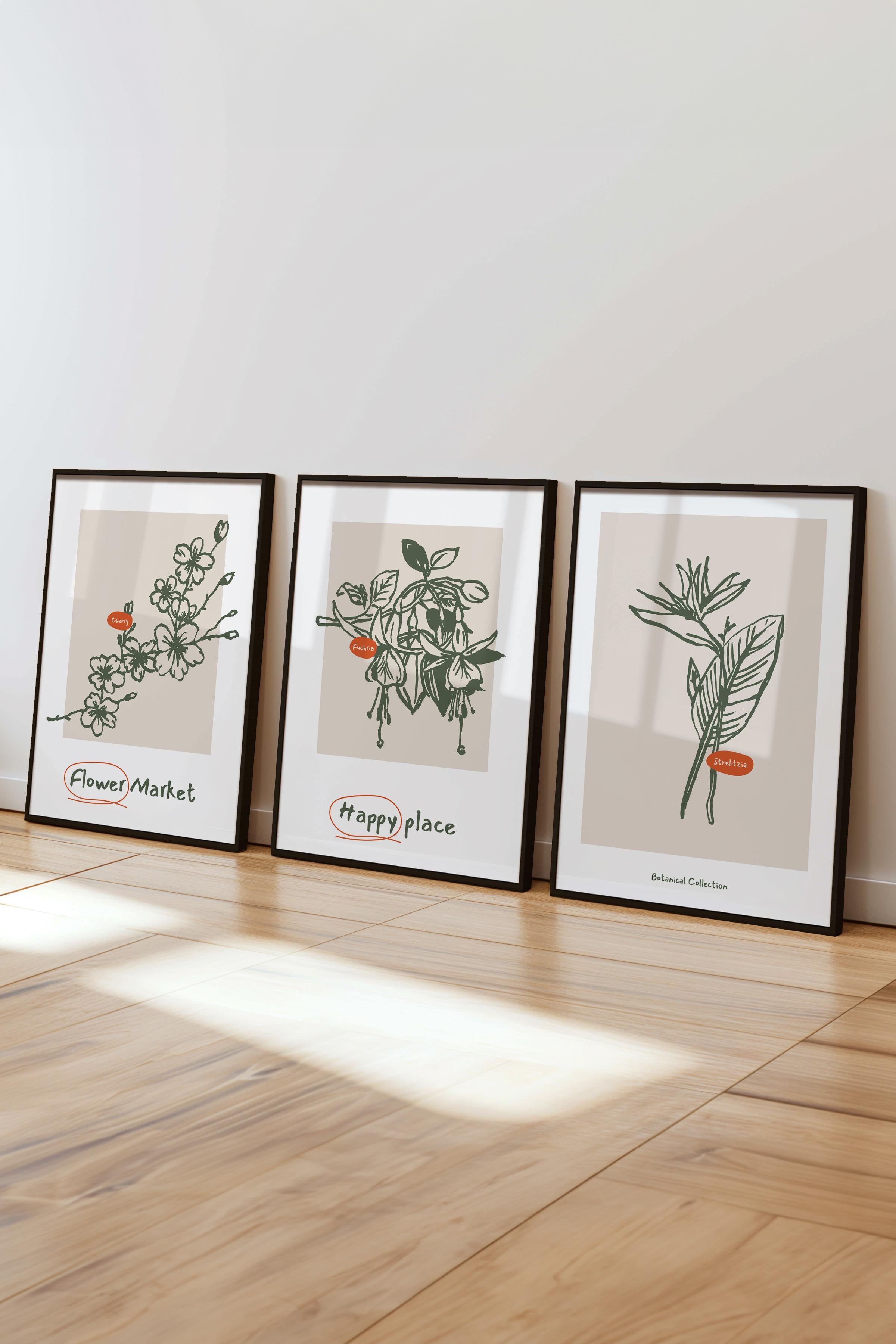 Çerçeveli Tablo Seti, 3 Adet Siyah Çerçeve ve Mavi Minimalist Botanik Temalı Poster Seti, No:300448
