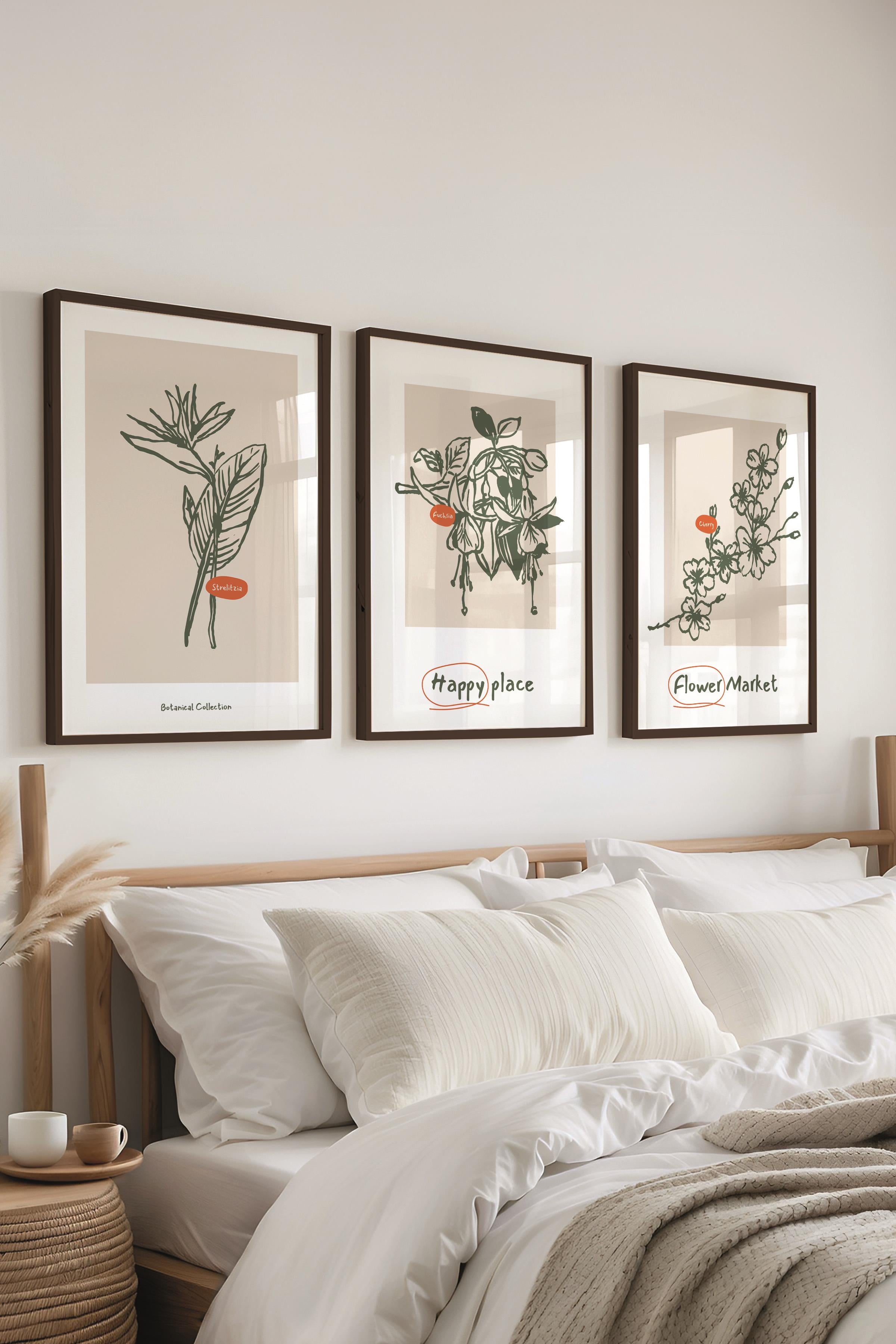 Çerçeveli Tablo Seti, 3 Adet Siyah Çerçeve ve Mavi Minimalist Botanik Temalı Poster Seti, No:300448
