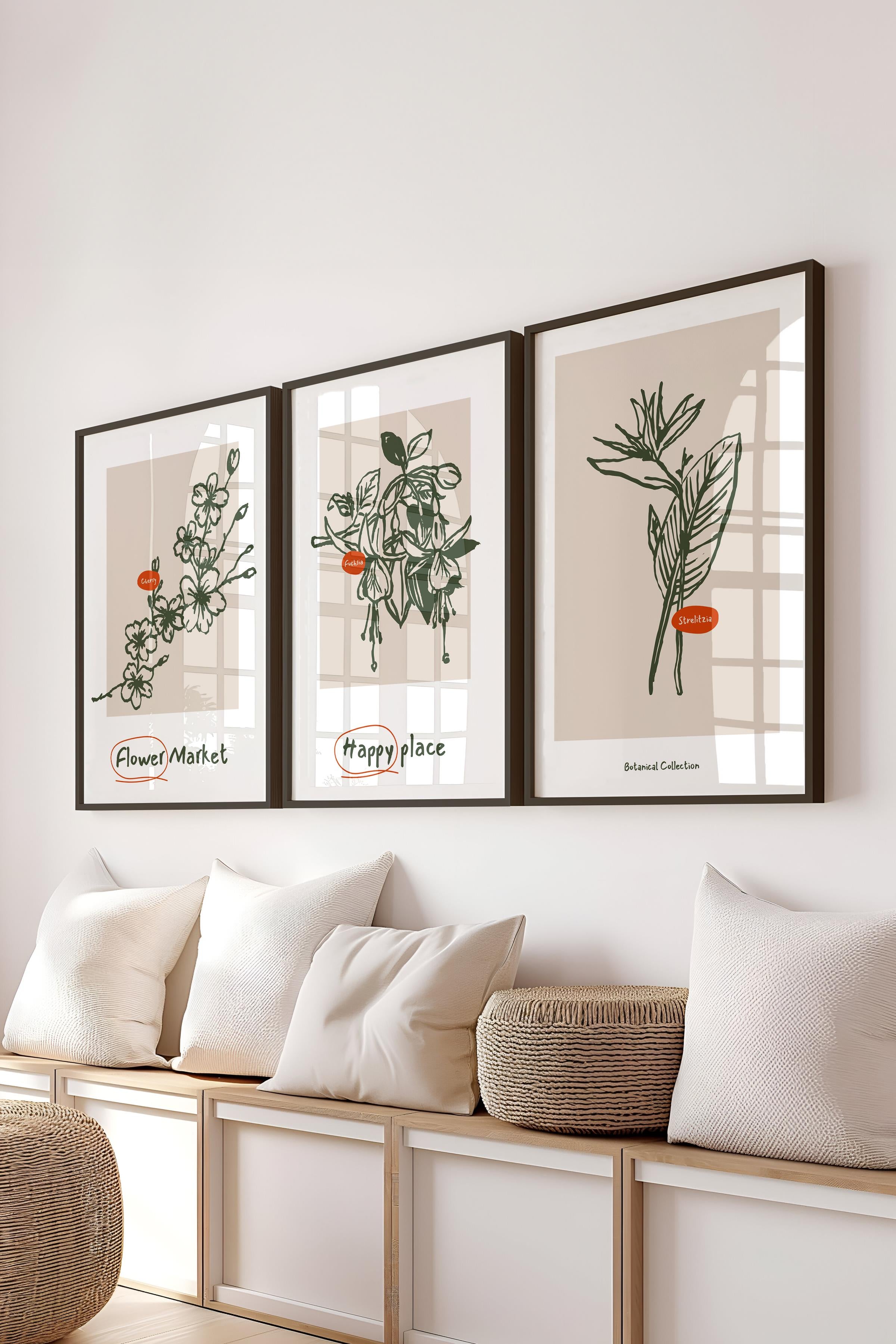 Çerçeveli Tablo Seti, 3 Adet Siyah Çerçeve ve Mavi Minimalist Botanik Temalı Poster Seti, No:300448