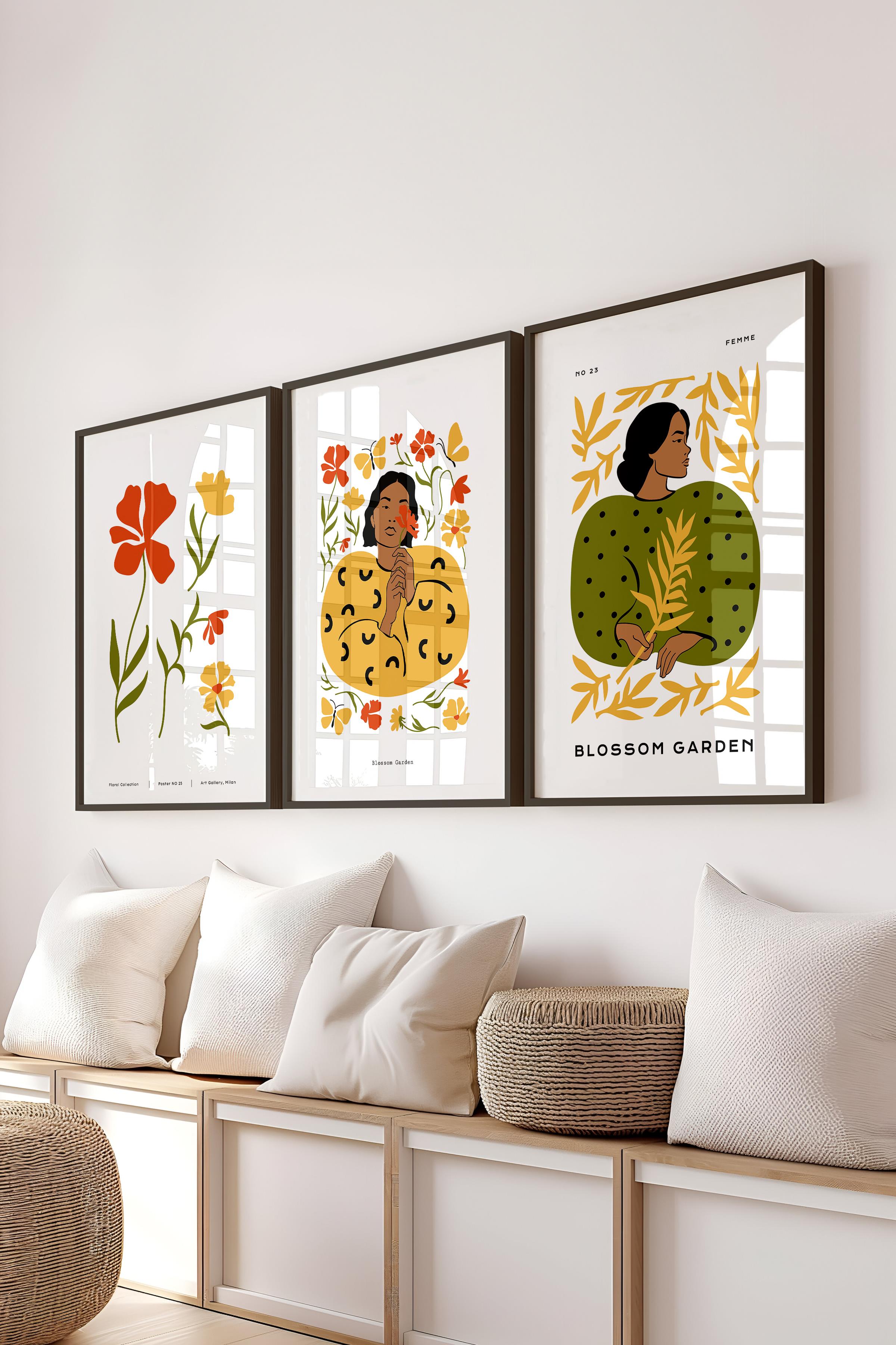 Çerçeveli Tablo Seti, 3 Adet Siyah Çerçeve ve Minimalist Boho Temalı Poster Seti, No:300507