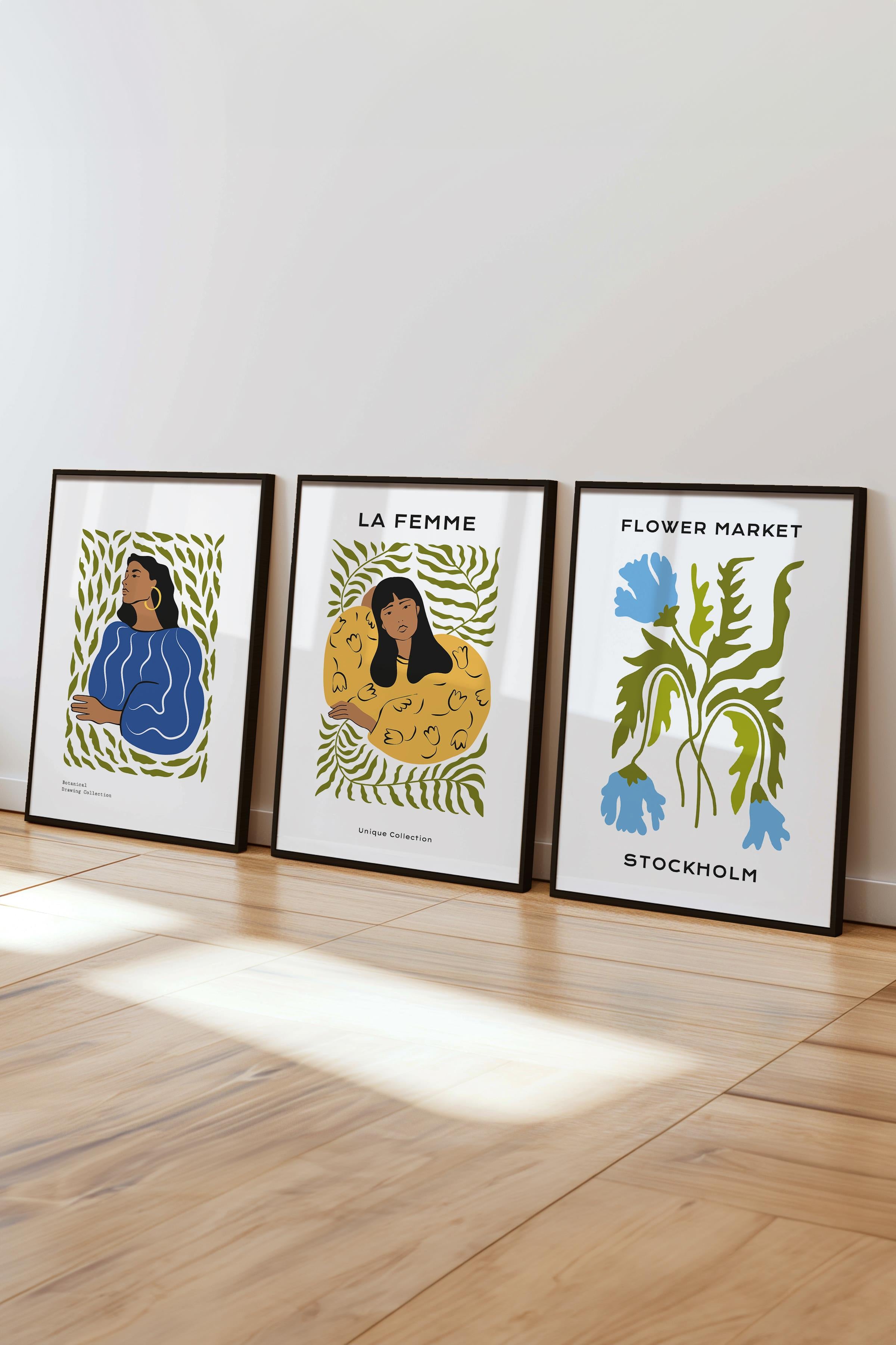 Çerçeveli Tablo Seti, 3 Adet Siyah Çerçeve ve Minimalist Boho Temalı Poster Seti, No:300508