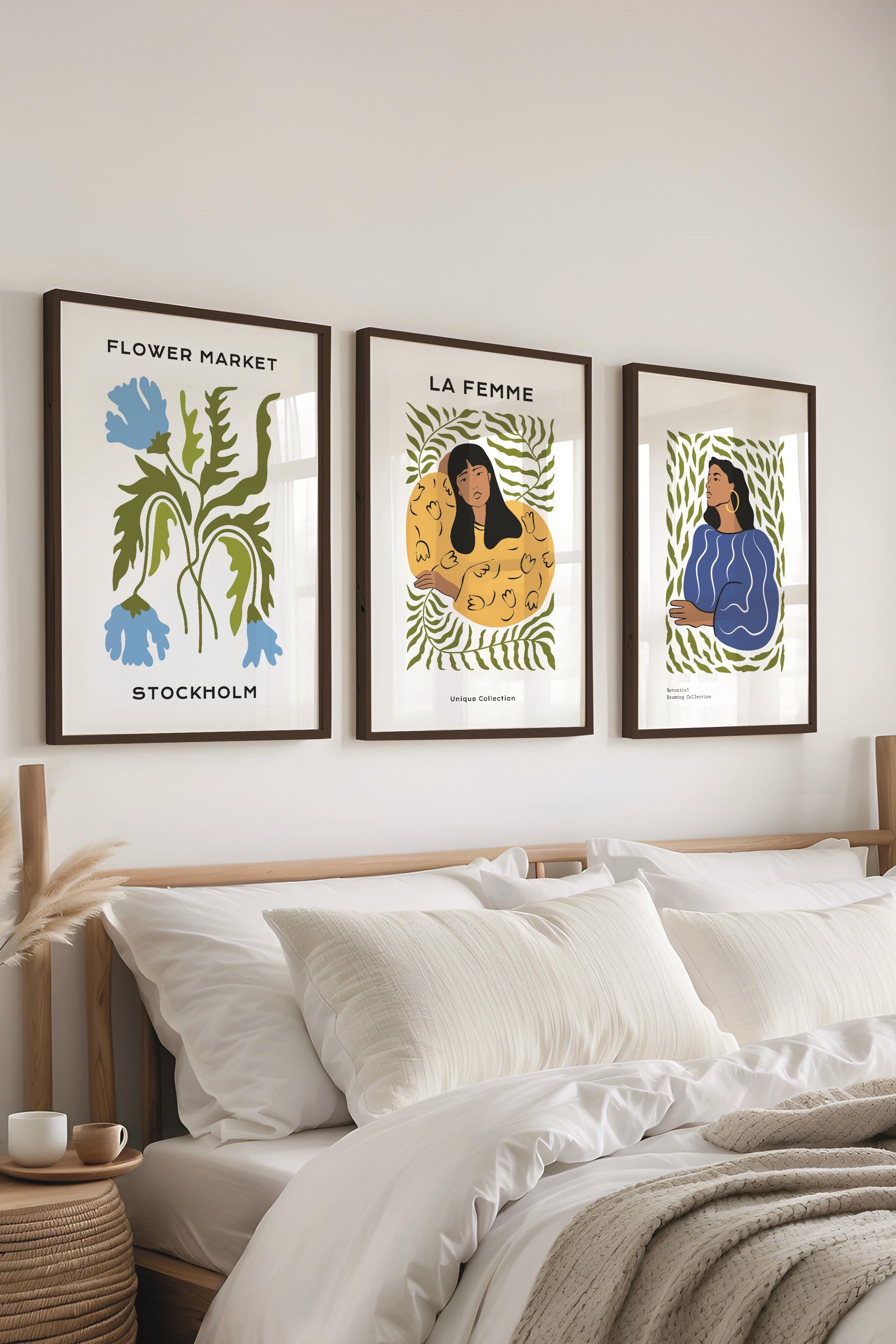 Çerçeveli Tablo Seti, 3 Adet Siyah Çerçeve ve Minimalist Boho Temalı Poster Seti, No:300508