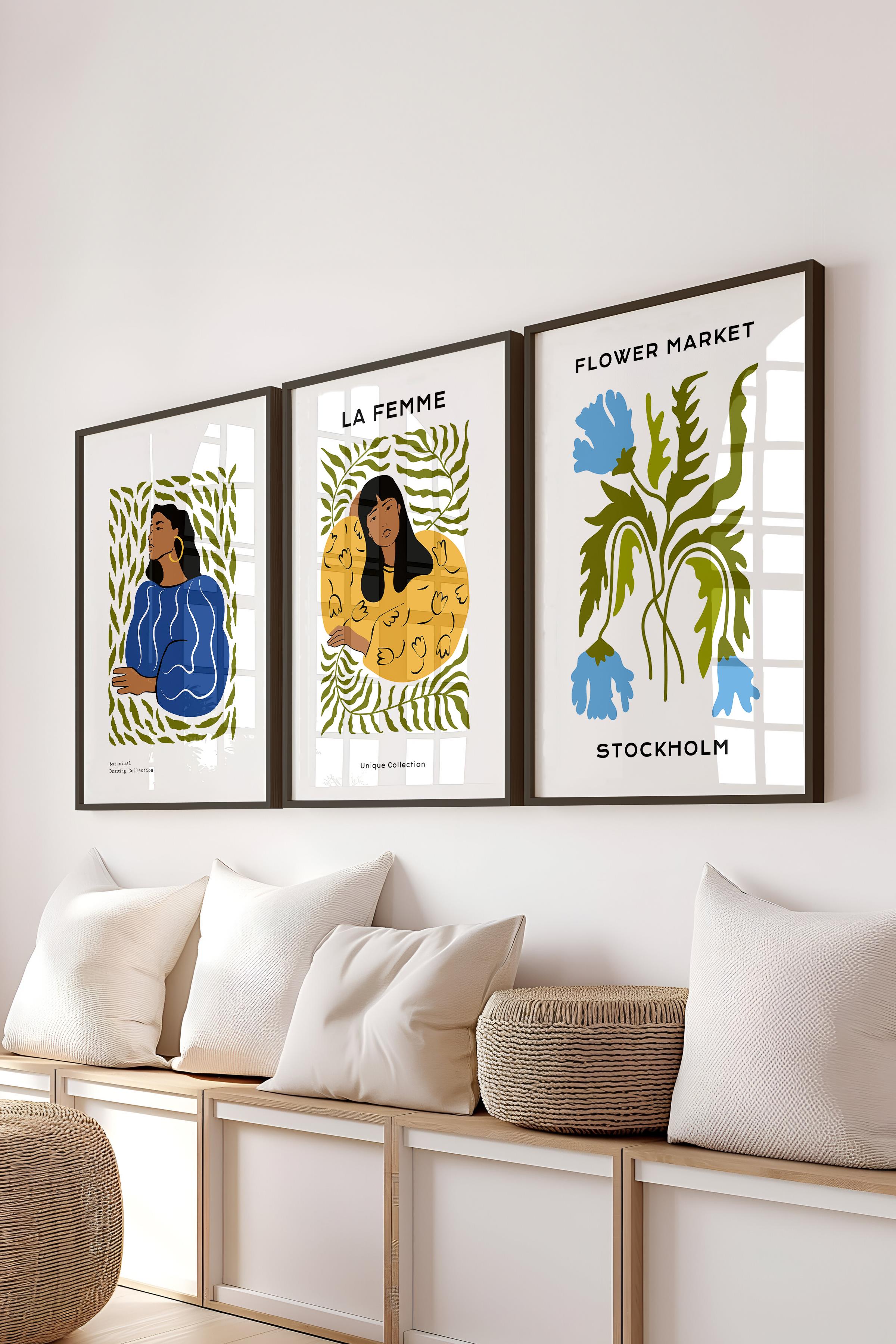 Çerçeveli Tablo Seti, 3 Adet Siyah Çerçeve ve Minimalist Boho Temalı Poster Seti, No:300508