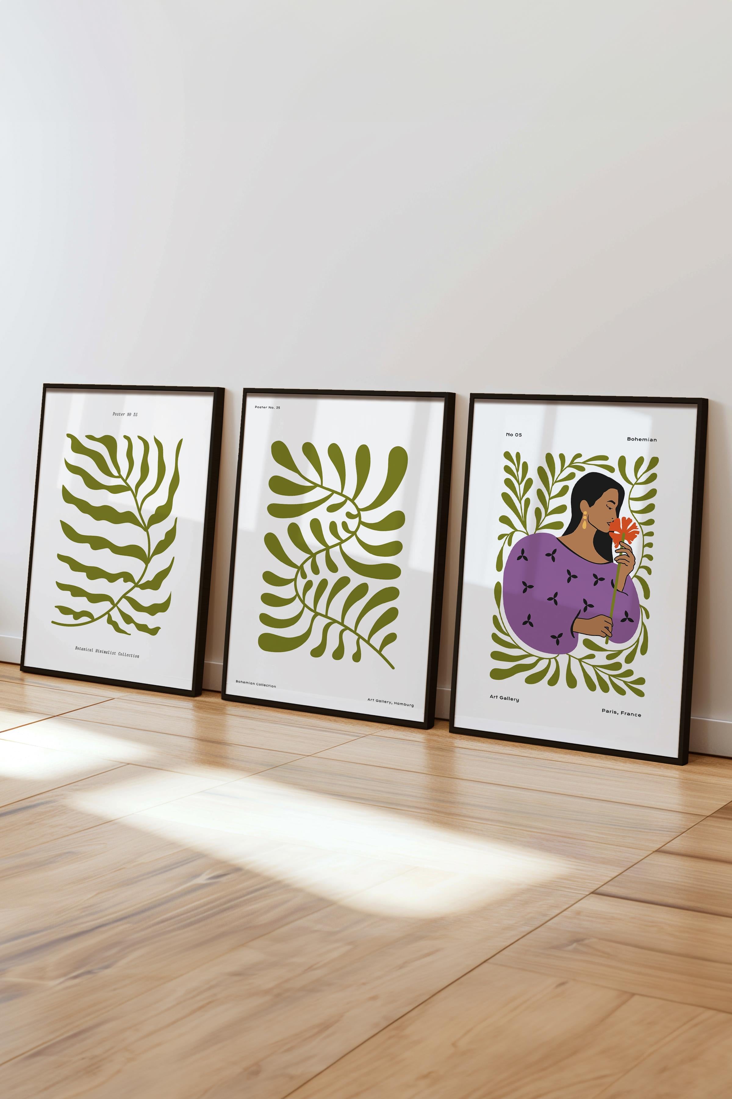Çerçeveli Tablo Seti, 3 Adet Siyah Çerçeve ve Minimalist Boho Temalı Poster Seti, No:300509