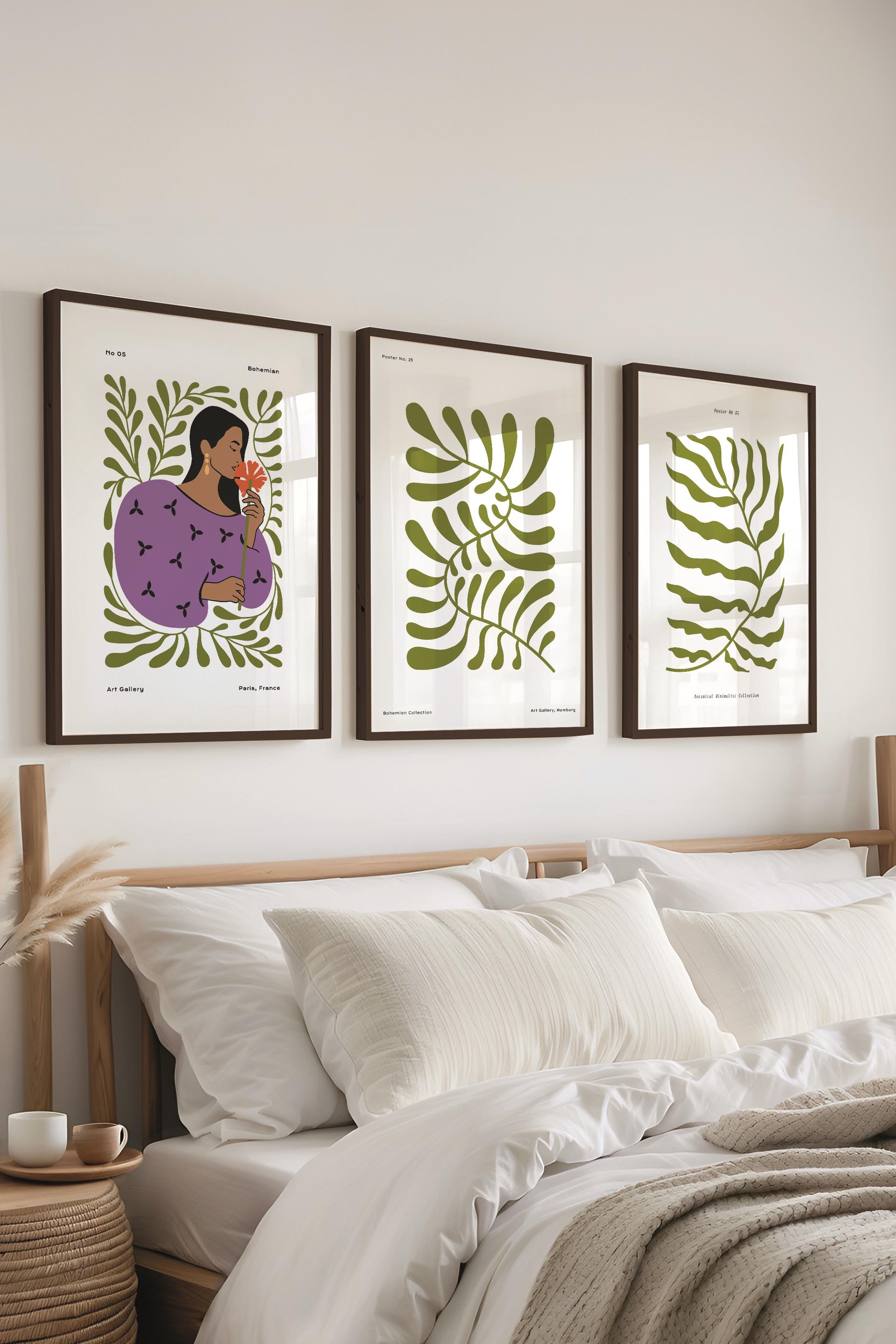 Çerçeveli Tablo Seti, 3 Adet Siyah Çerçeve ve Minimalist Boho Temalı Poster Seti, No:300509