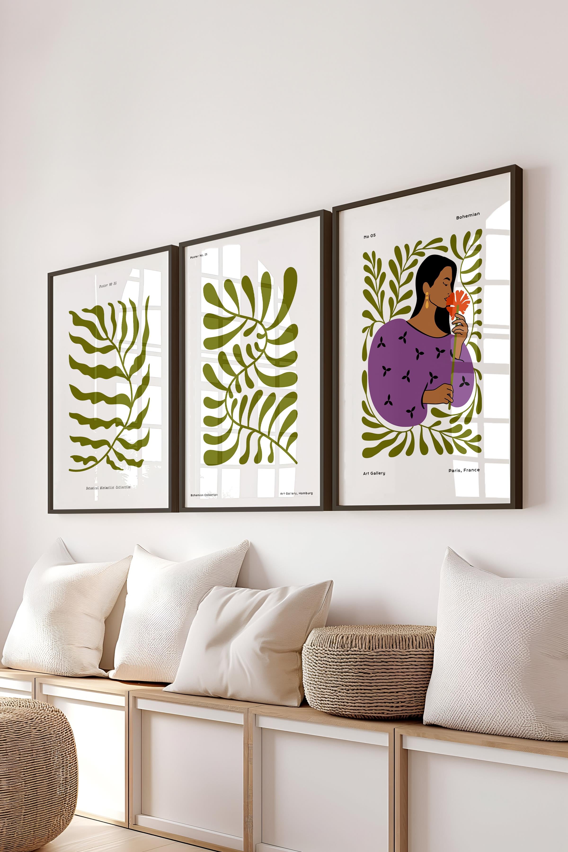 Çerçeveli Tablo Seti, 3 Adet Siyah Çerçeve ve Minimalist Boho Temalı Poster Seti, No:300509