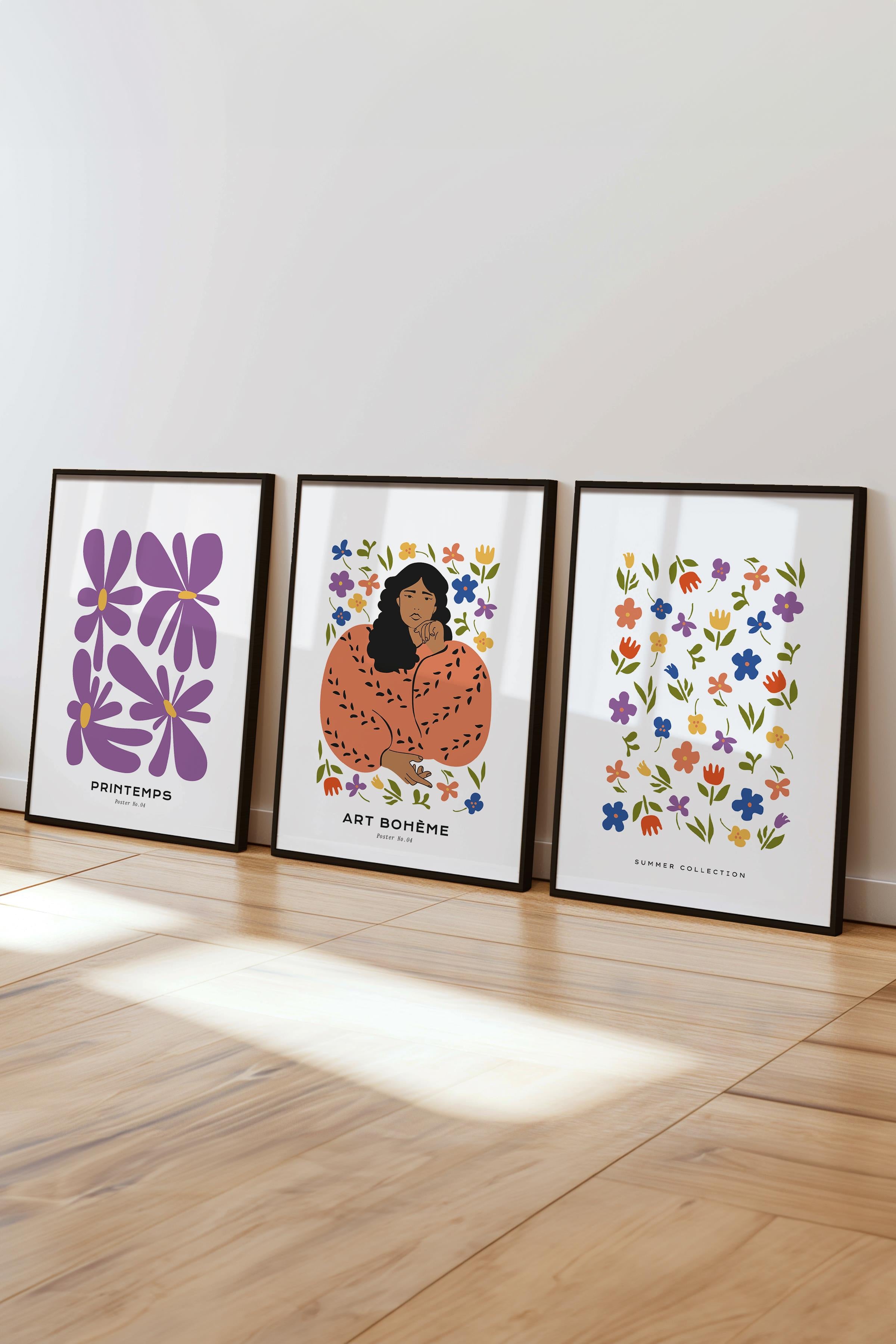 Çerçeveli Tablo Seti, 3 Adet Siyah Çerçeve ve Minimalist Boho Temalı Poster Seti, No:300510