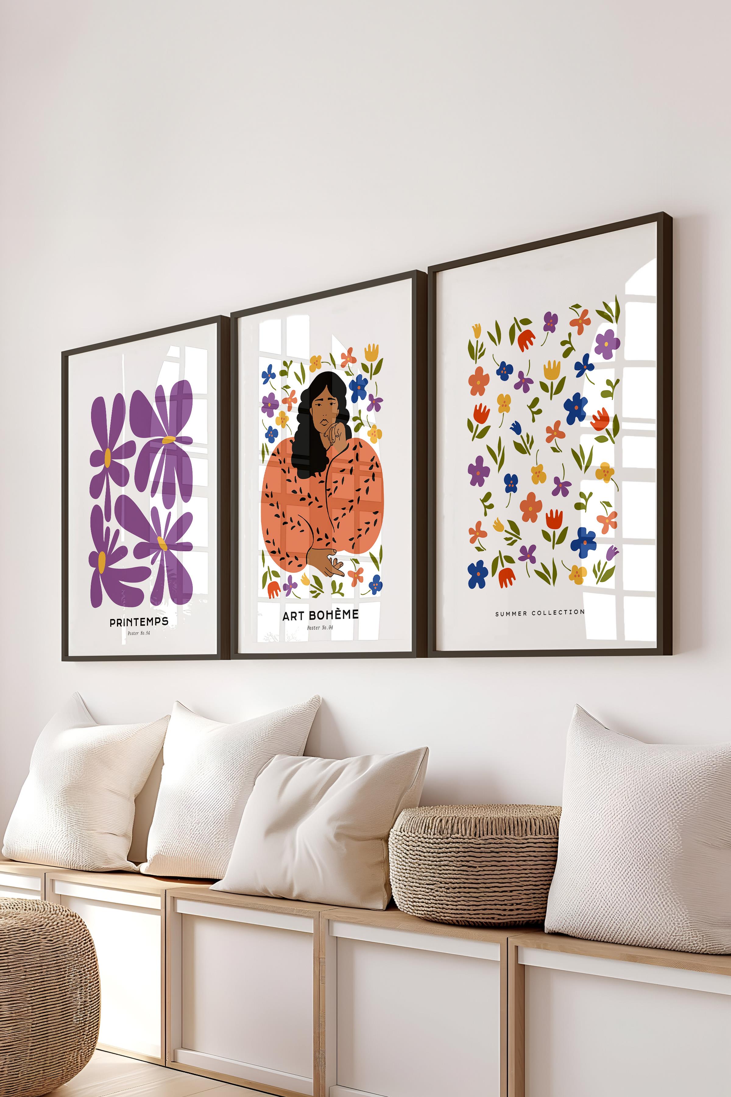 Çerçeveli Tablo Seti, 3 Adet Siyah Çerçeve ve Minimalist Boho Temalı Poster Seti, No:300510